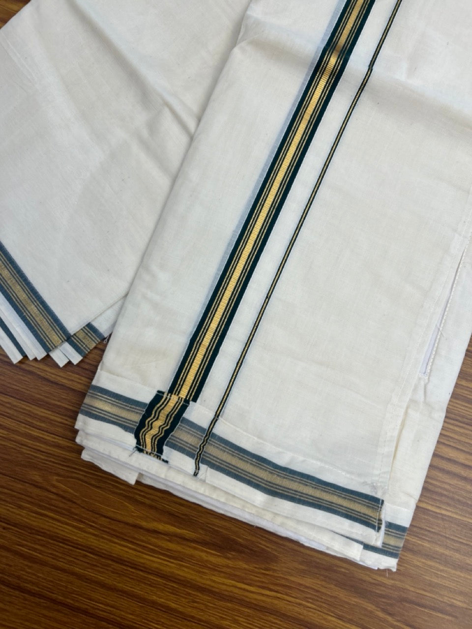 20% Discount ! KaithariKada Balaramapuram Mixed Cotton Double Off white - (Ubleached) Mundu/Dhoti  VELCRO Mundu/Dhoti  - (80s) - 1 inch Gold Kasavu & Green Striped kara 4mtr (8.5 muzham) - 8 KK5284 PMC