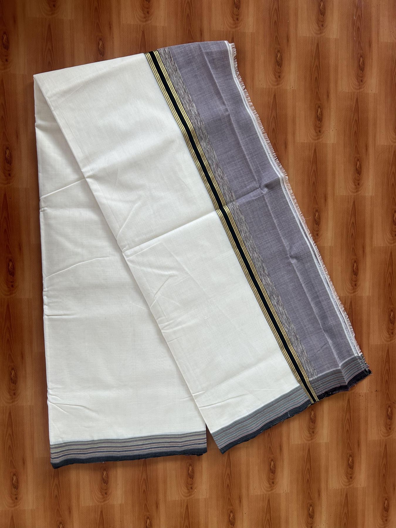 25% Discount! KaithariKada Handloom Unakkupaav Kerala Handloom - 100% Pure Cotton Off White - (Unbleached) Double Mundu/Dothi - 100 x 80 - 5 inch Gold Kasav Faded Purple & Black, Multi Colour Side Striped Kara 4.00 meter (8.5 muzham) - 18 KK5390 REA