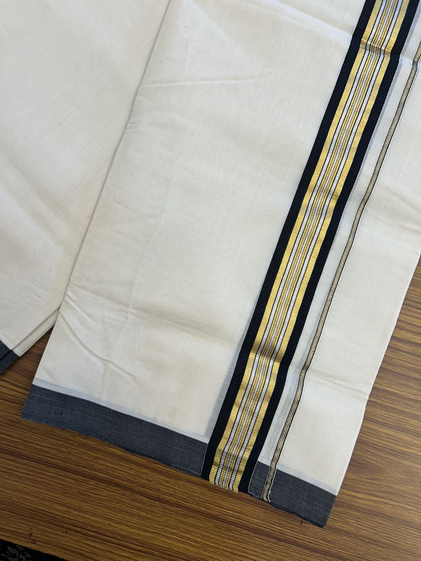 25% Discount ! Kaitharikada Handloom Millpaav Balaramapuram - 100% Pure Cotton Off White - (Unbleached) Double Mundu/Dhoti - 80x90 - 1.75 inch Gold Kasav & Silver Kasav Black Striped Kara 4 mtr (8.5 Muzham) - 9 KK5320 RAM