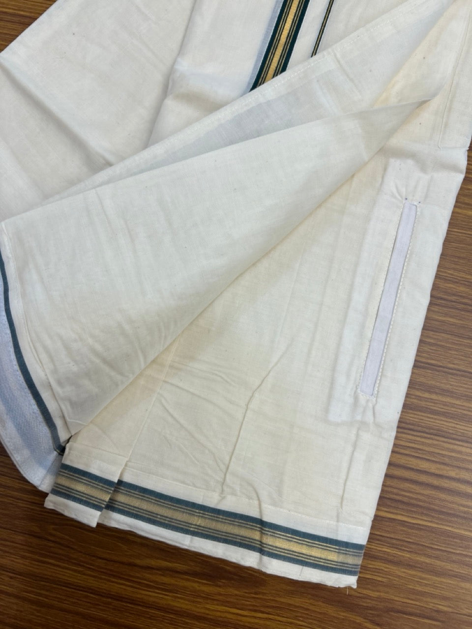 20% Discount ! KaithariKada Balaramapuram Mixed Cotton Double Off white - (Ubleached) Mundu/Dhoti  VELCRO Mundu/Dhoti  - (80s) - 1 inch Gold Kasavu & Green Striped kara 4mtr (8.5 muzham) - 8 KK5284 PMC