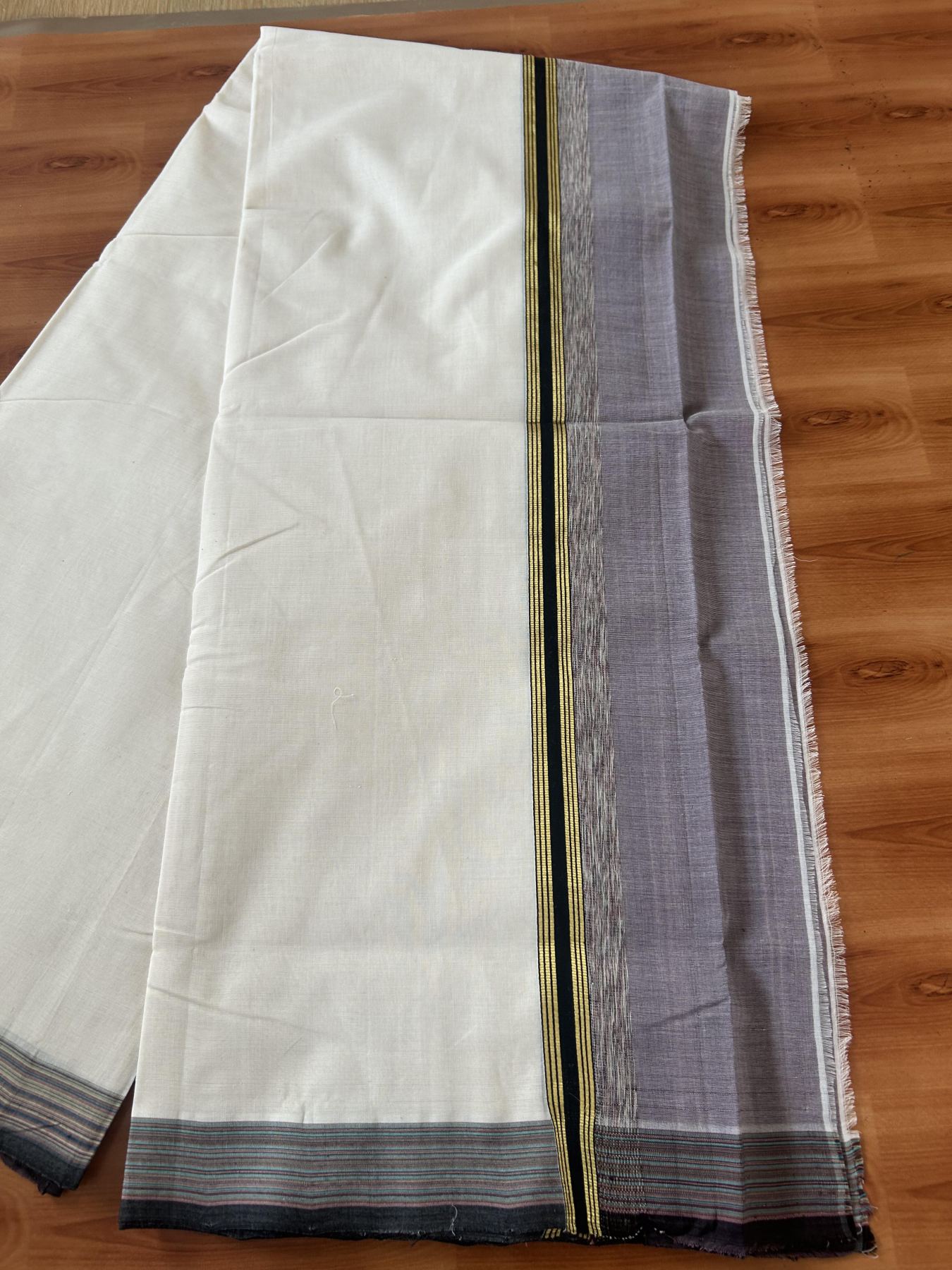 25% Discount! KaithariKada Handloom Unakkupaav Kerala Handloom - 100% Pure Cotton Off White - (Unbleached) Double Mundu/Dothi - 100 x 80 - 5 inch Gold Kasav Faded Purple & Black, Multi Colour Side Striped Kara 4.00 meter (8.5 muzham) - 18 KK5390 REA
