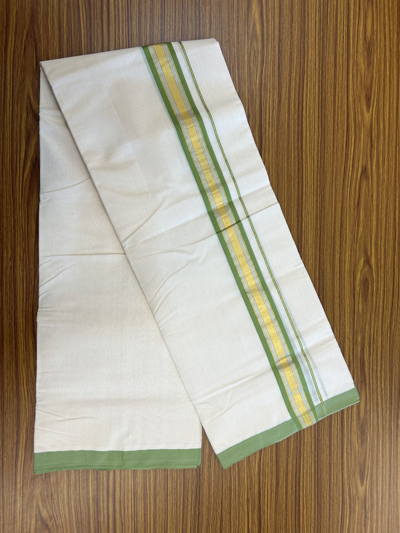 25% Discount ! Kaitharikada Handloom Millpaav Balaramapuram - 100% Pure Cotton Off White - (Unbleached) Double Mundu/Dhoti - 80x90 - 1.75 inch Gold Kasav & Silver Kasav Parrot Green Striped Kara 4 mtr (8.5 Muzham) - 10 KK5320 RAM