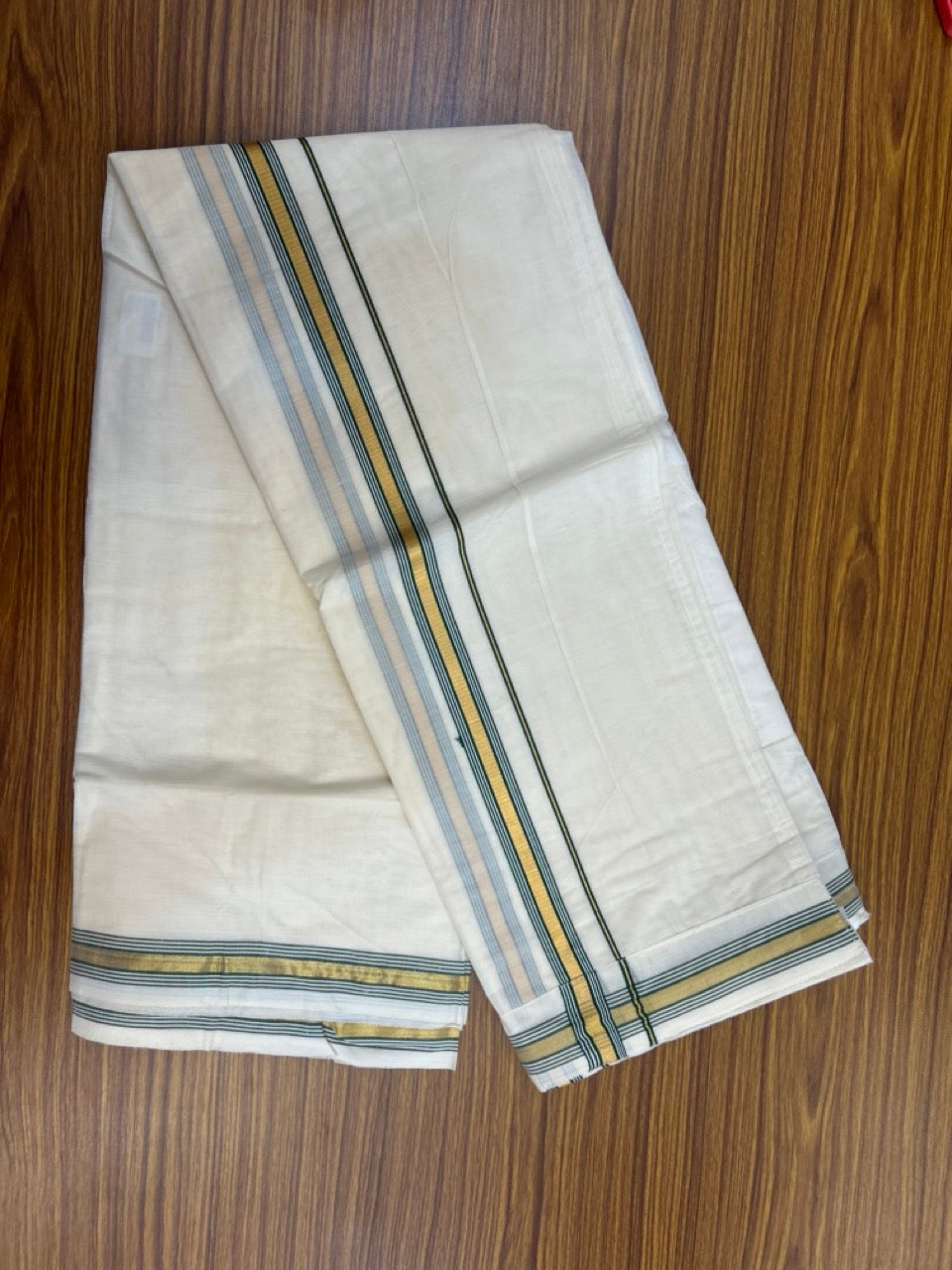 20% Discount ! KaithariKada Balaramapuram Mixed Cotton Double Off white - (Ubleached) Mundu/Dhoti  VELCRO Mundu/Dhoti  - (80s) - 1 inch Gold Kasavu & Green Striped kara 4mtr (8.5 muzham) - 9 KK5284 PMC