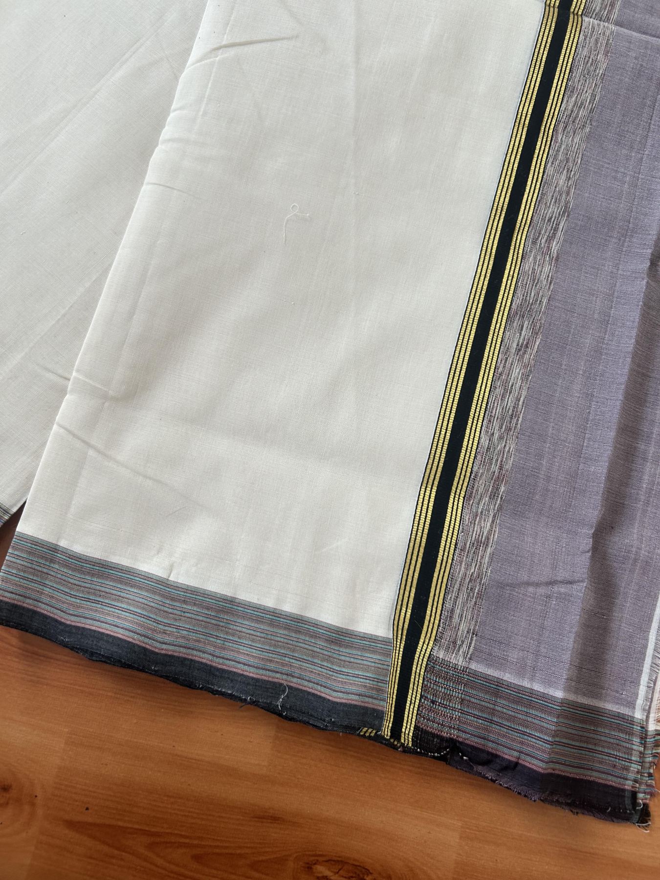 25% Discount! KaithariKada Handloom Unakkupaav Kerala Handloom - 100% Pure Cotton Off White - (Unbleached) Double Mundu/Dothi - 100 x 80 - 5 inch Gold Kasav Faded Purple & Black, Multi Colour Side Striped Kara 4.00 meter (8.5 muzham) - 18 KK5390 REA