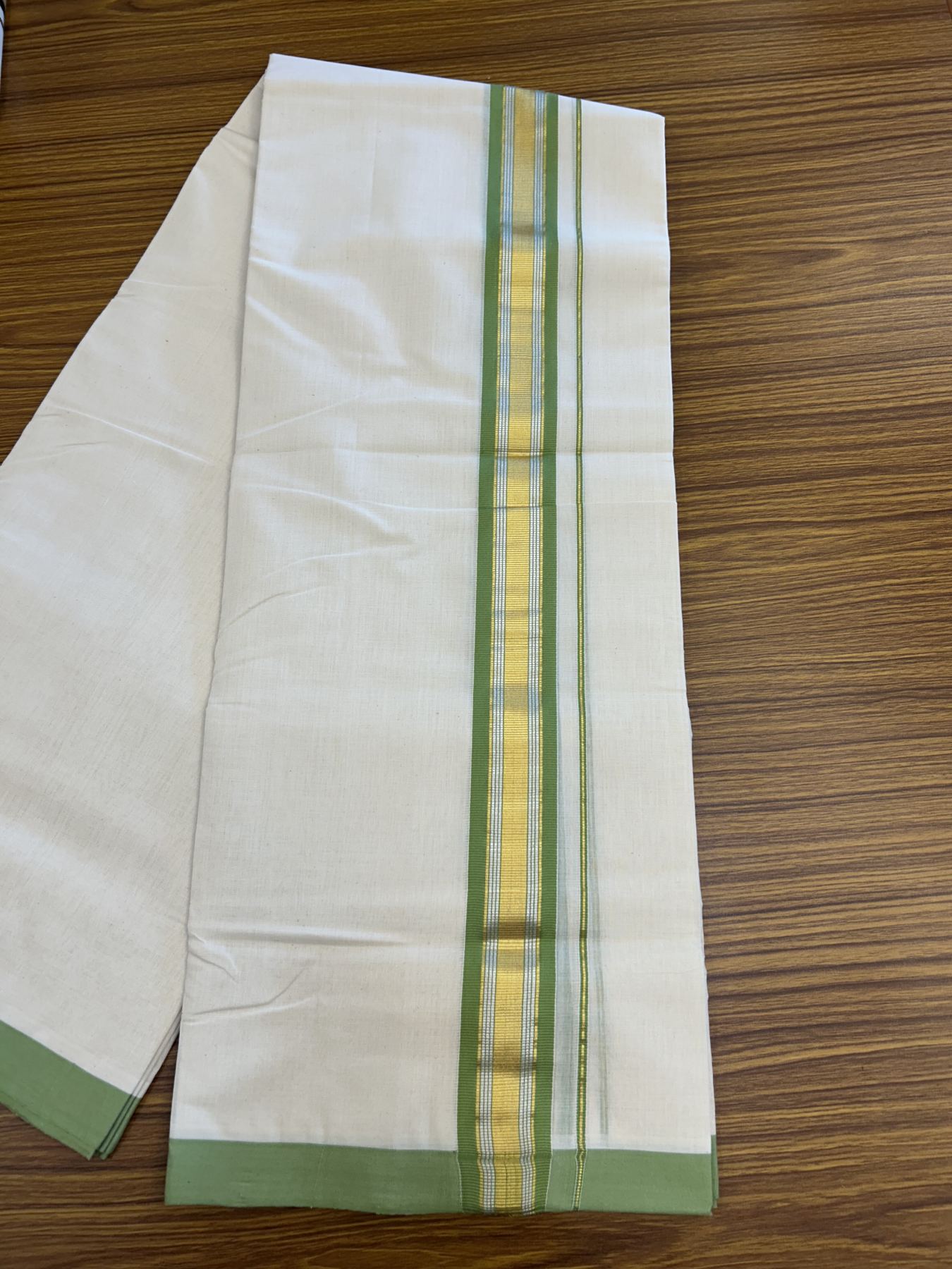 25% Discount ! Kaitharikada Handloom Millpaav Balaramapuram - 100% Pure Cotton Off White - (Unbleached) Double Mundu/Dhoti - 80x90 - 1.75 inch Gold Kasav & Silver Kasav Parrot Green Striped Kara 4 mtr (8.5 Muzham) - 10 KK5320 RAM