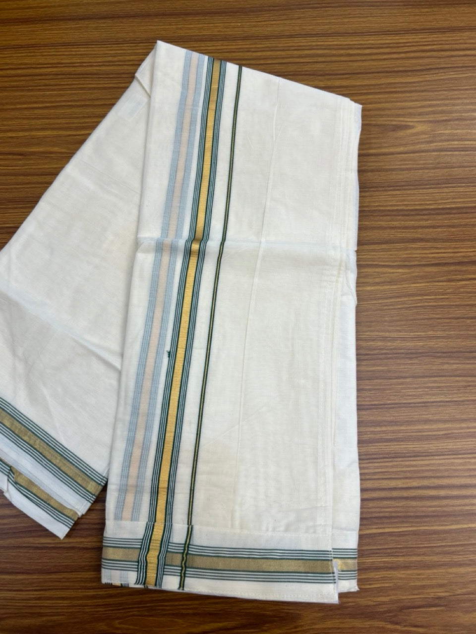 20% Discount ! KaithariKada Balaramapuram Mixed Cotton Double Off white - (Ubleached) Mundu/Dhoti  VELCRO Mundu/Dhoti  - (80s) - 1 inch Gold Kasavu & Green Striped kara 4mtr (8.5 muzham) - 9 KK5284 PMC