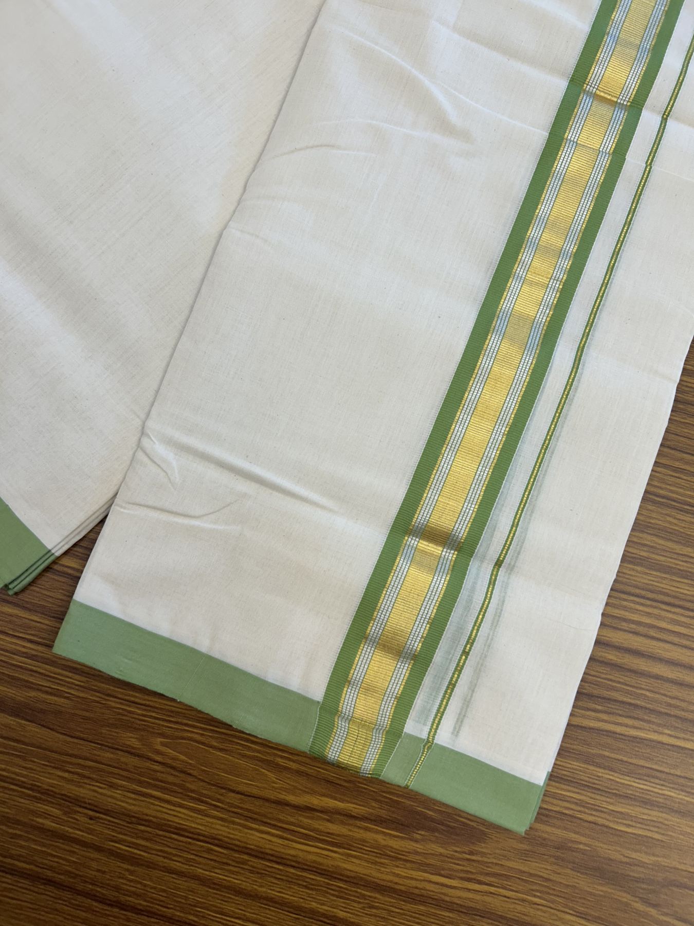 25% Discount ! Kaitharikada Handloom Millpaav Balaramapuram - 100% Pure Cotton Off White - (Unbleached) Double Mundu/Dhoti - 80x90 - 1.75 inch Gold Kasav & Silver Kasav Parrot Green Striped Kara 4 mtr (8.5 Muzham) - 10 KK5320 RAM