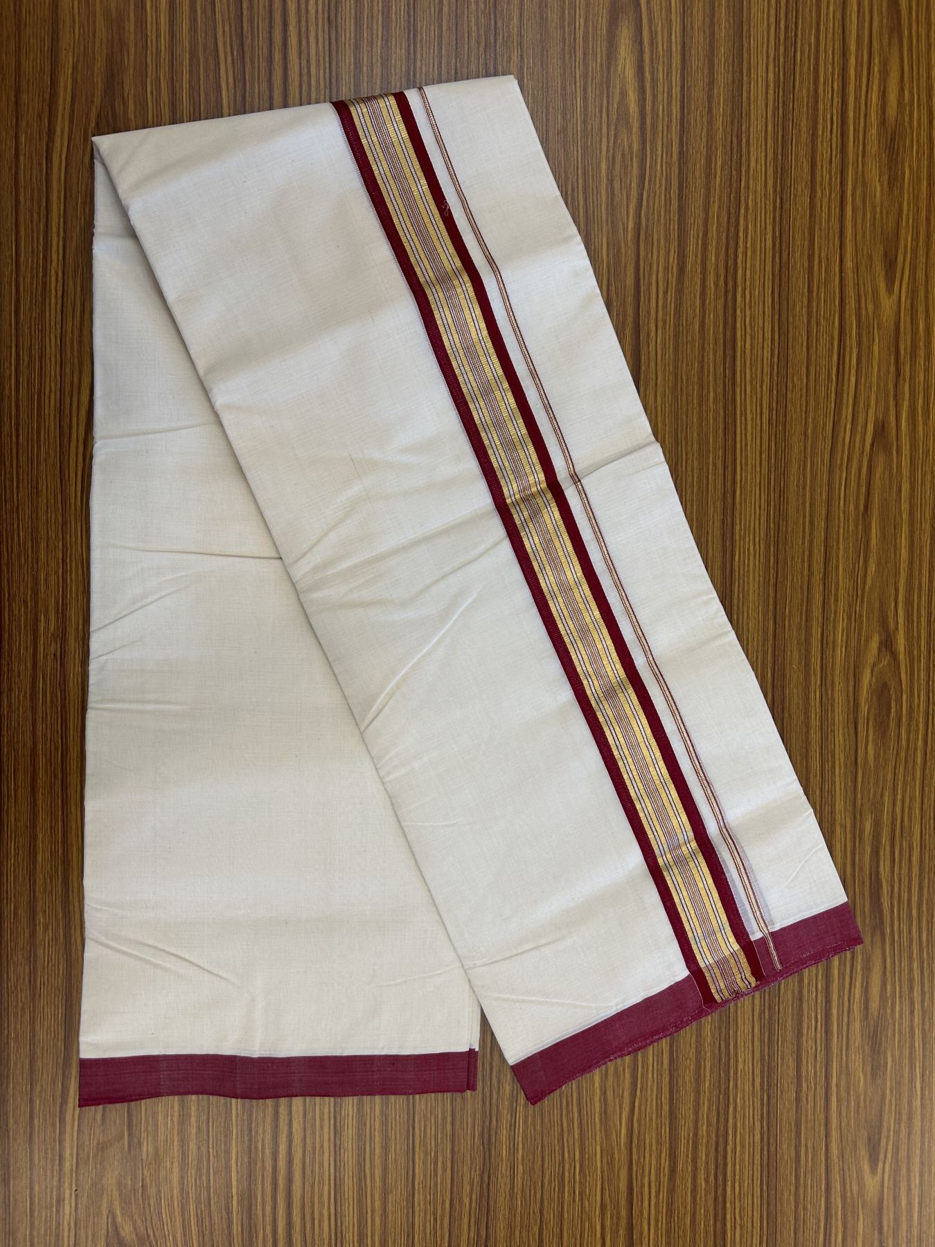 25% Discount ! Kaitharikada Handloom Millpaav Balaramapuram - 100% Pure Cotton Off White - (Unbleached) Double Mundu/Dhoti - 80x90 - 1.75 inch Gold Kasav & Silver Kasav Maroon Striped Kara 4 mtr (8.5 Muzham) - 12 KK5320 RAM