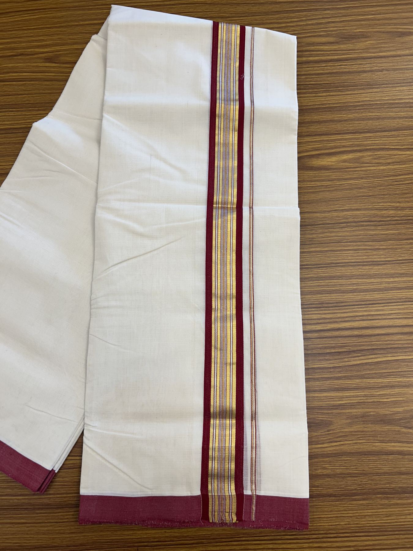 25% Discount ! Kaitharikada Handloom Millpaav Balaramapuram - 100% Pure Cotton Off White - (Unbleached) Double Mundu/Dhoti - 80x90 - 1.75 inch Gold Kasav & Silver Kasav Maroon Striped Kara 4 mtr (8.5 Muzham) - 12 KK5320 RAM
