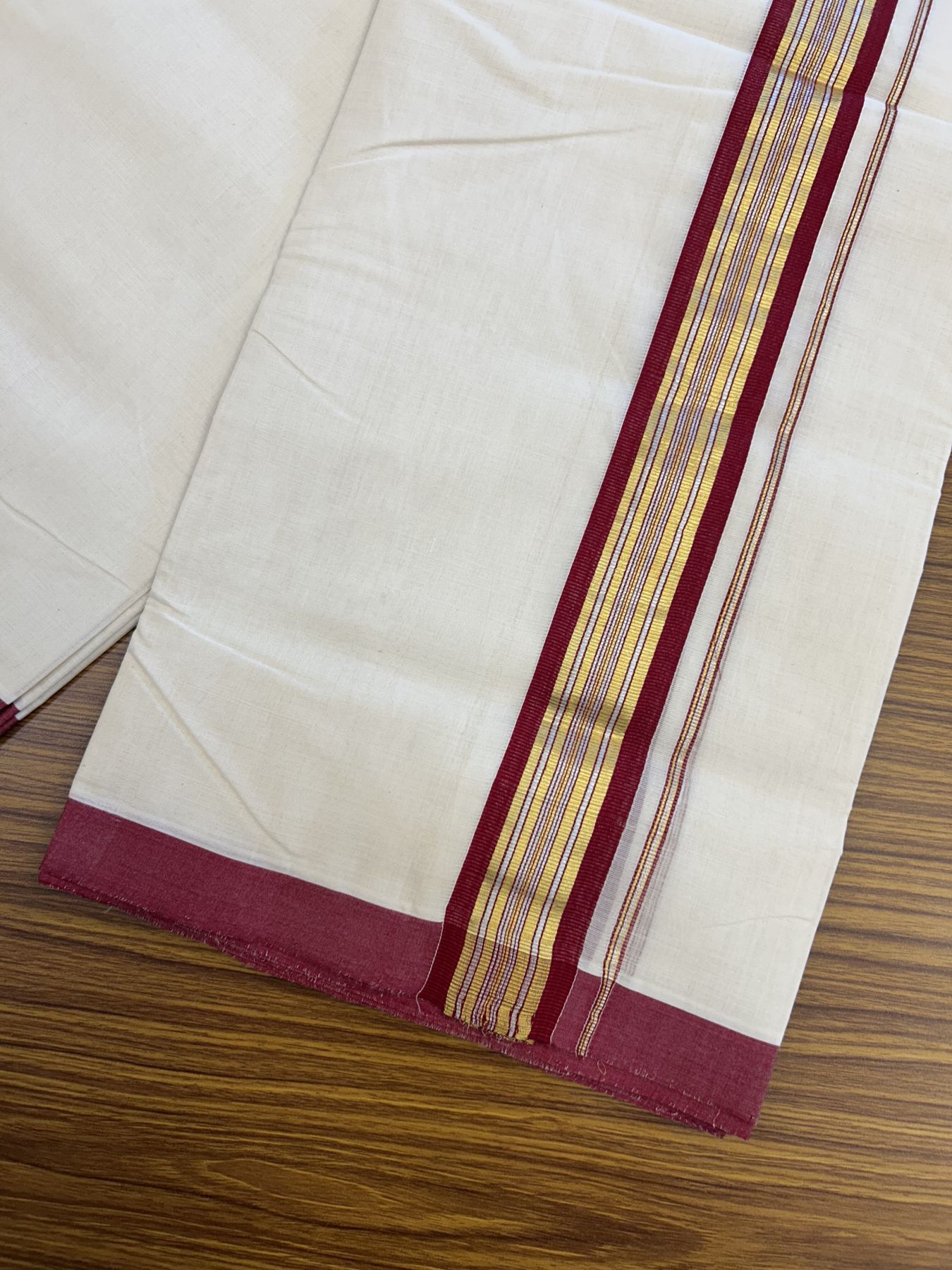 25% Discount ! Kaitharikada Handloom Millpaav Balaramapuram - 100% Pure Cotton Off White - (Unbleached) Double Mundu/Dhoti - 80x90 - 1.75 inch Gold Kasav & Silver Kasav Maroon Striped Kara 4 mtr (8.5 Muzham) - 12 KK5320 RAM