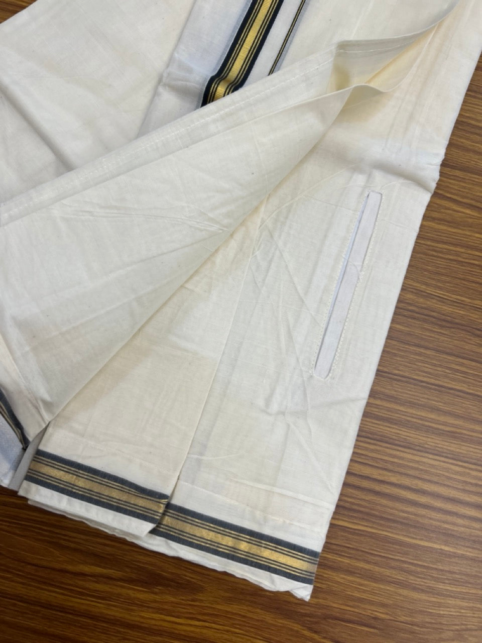 20% Discount ! KaithariKada Balaramapuram Mixed Cotton Double Off white - (Ubleached) Mundu/Dhoti  VELCRO Mundu/Dhoti  - (80s) - 1 inch Gold Kasavu & Black Striped kara 4mtr (8.5 muzham) - 10 KK5284 PMC