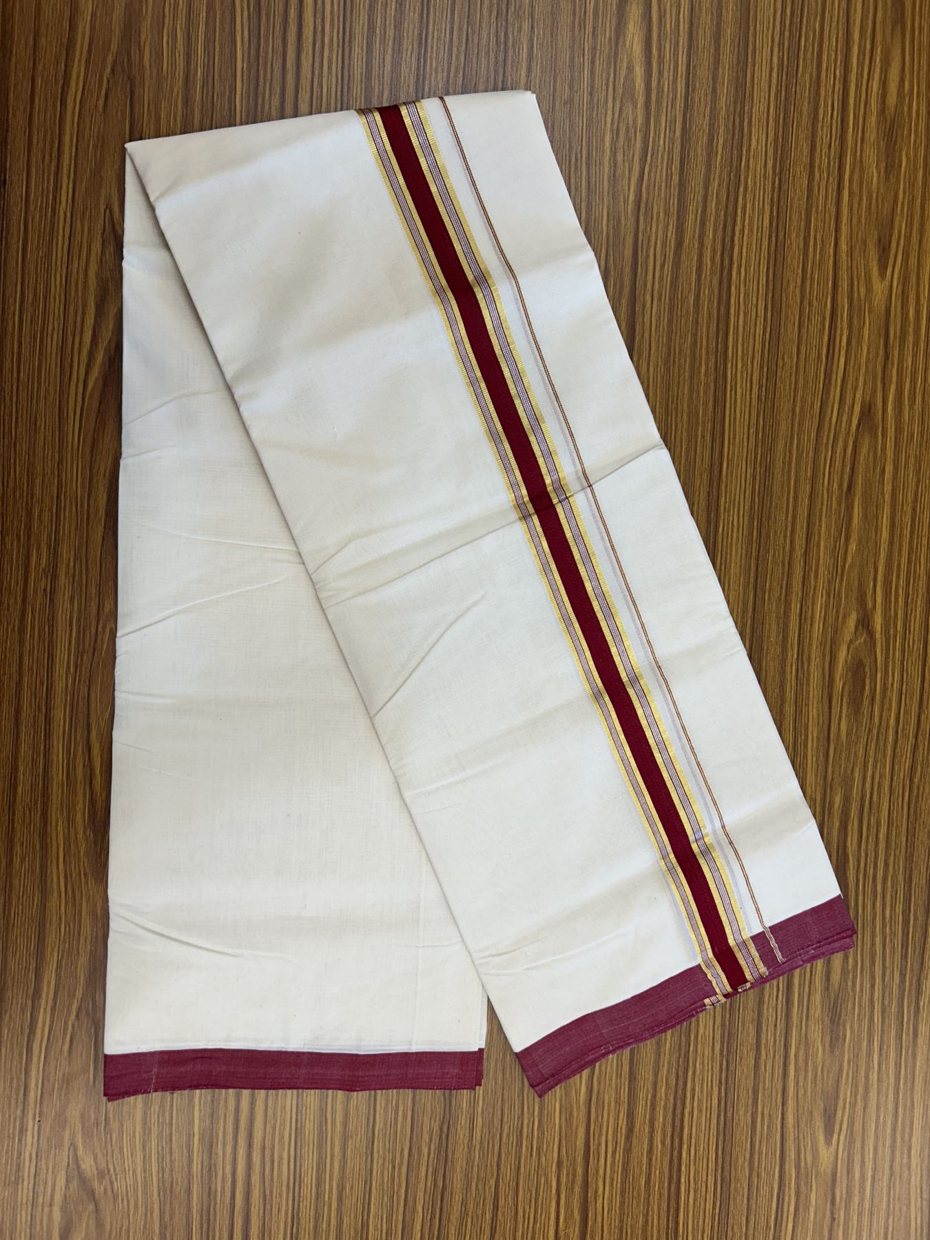 25% Discount ! Kaitharikada Handloom Millpaav Balaramapuram - 100% Pure Cotton Off White - (Unbleached) Double Mundu/Dhoti - 80x90 - 1.75 inch Gold Kasav & Silver Kasav Maroon Striped Kara 4 mtr (8.5 Muzham) - 11 KK5320 RAM