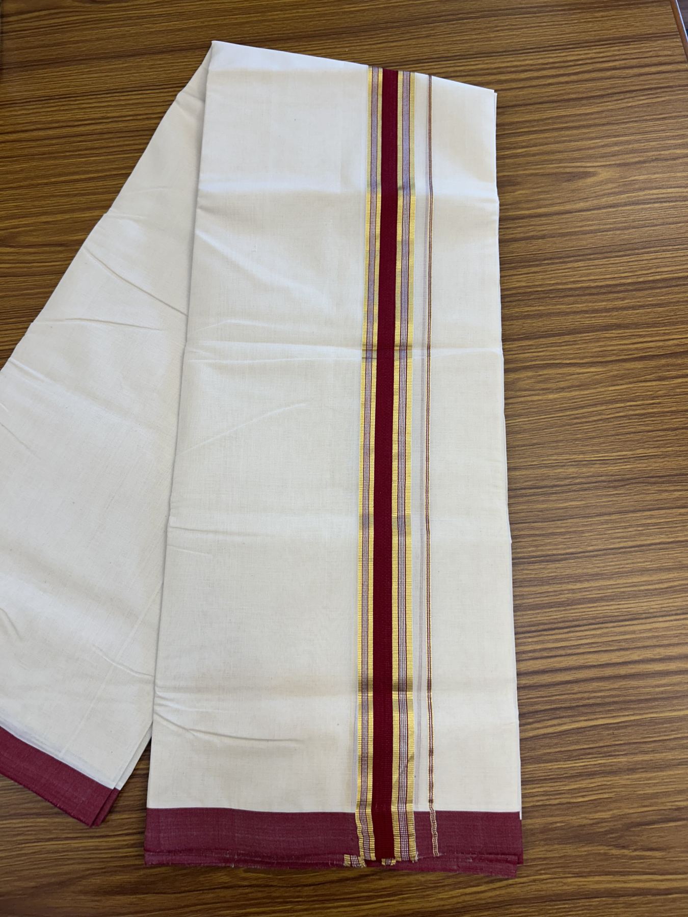 25% Discount ! Kaitharikada Handloom Millpaav Balaramapuram - 100% Pure Cotton Off White - (Unbleached) Double Mundu/Dhoti - 80x90 - 1.75 inch Gold Kasav & Silver Kasav Maroon Striped Kara 4 mtr (8.5 Muzham) - 11 KK5320 RAM