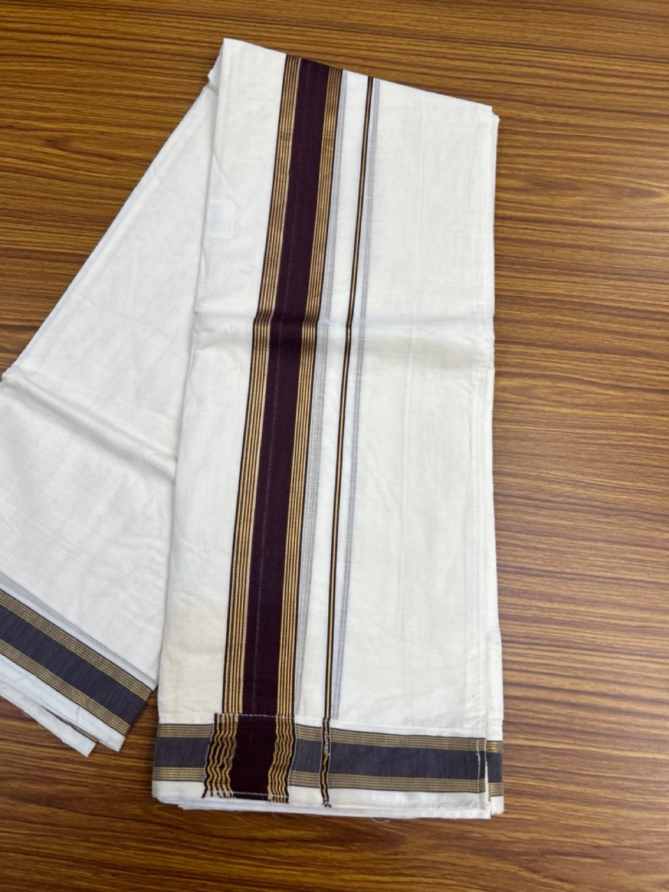 20% Discount ! KaithariKada Balaramapuram Mixed Cotton Double Off white - (Ubleached) Mundu/Dhoti  VELCRO Mundu/Dhoti  - (80s) - 2 inch Gold Kasavu & Brown Striped kara 4mtr (8.5 muzham) - 11 KK5284 PMC