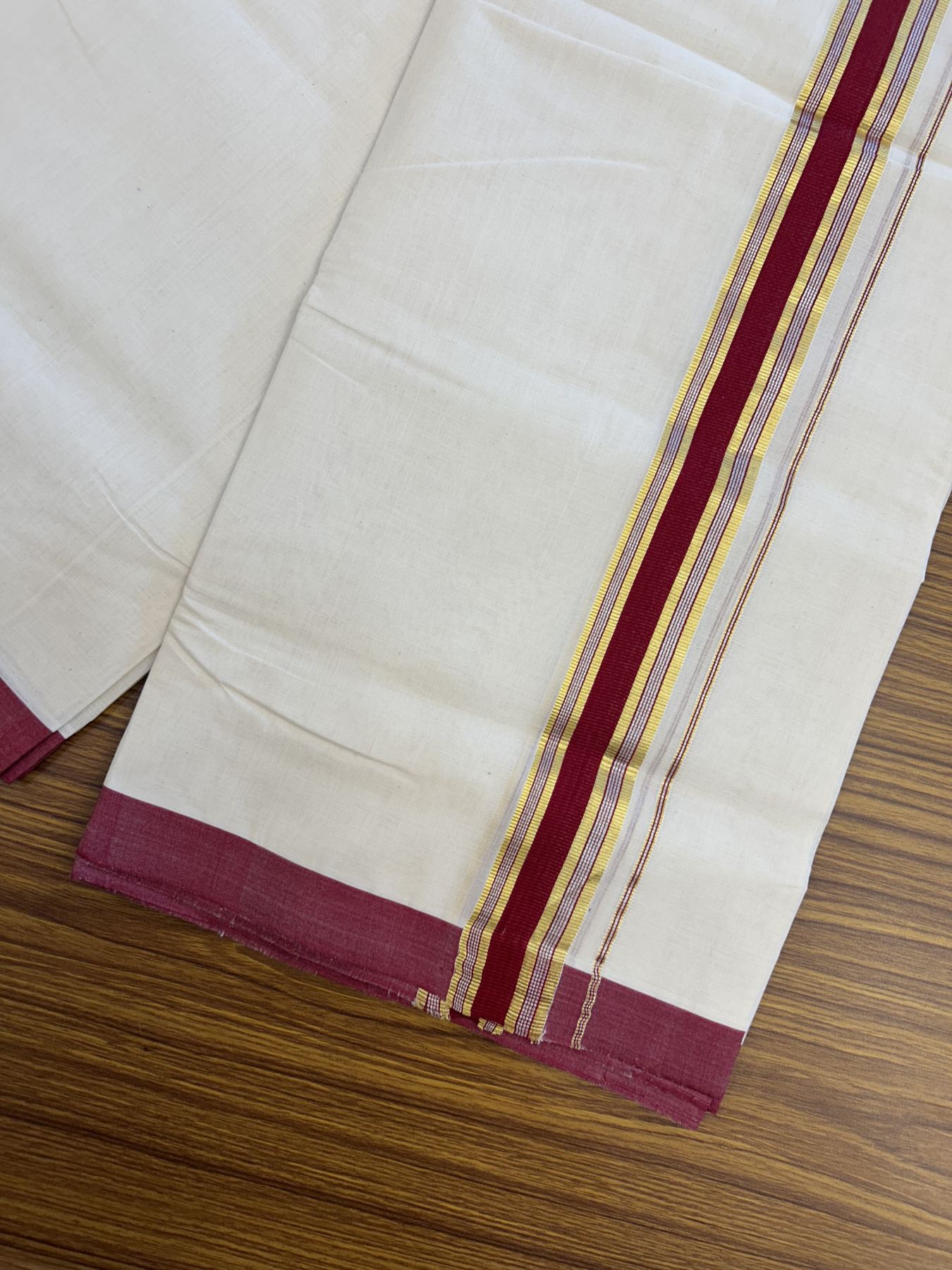 25% Discount ! Kaitharikada Handloom Millpaav Balaramapuram - 100% Pure Cotton Off White - (Unbleached) Double Mundu/Dhoti - 80x90 - 1.75 inch Gold Kasav & Silver Kasav Maroon Striped Kara 4 mtr (8.5 Muzham) - 11 KK5320 RAM