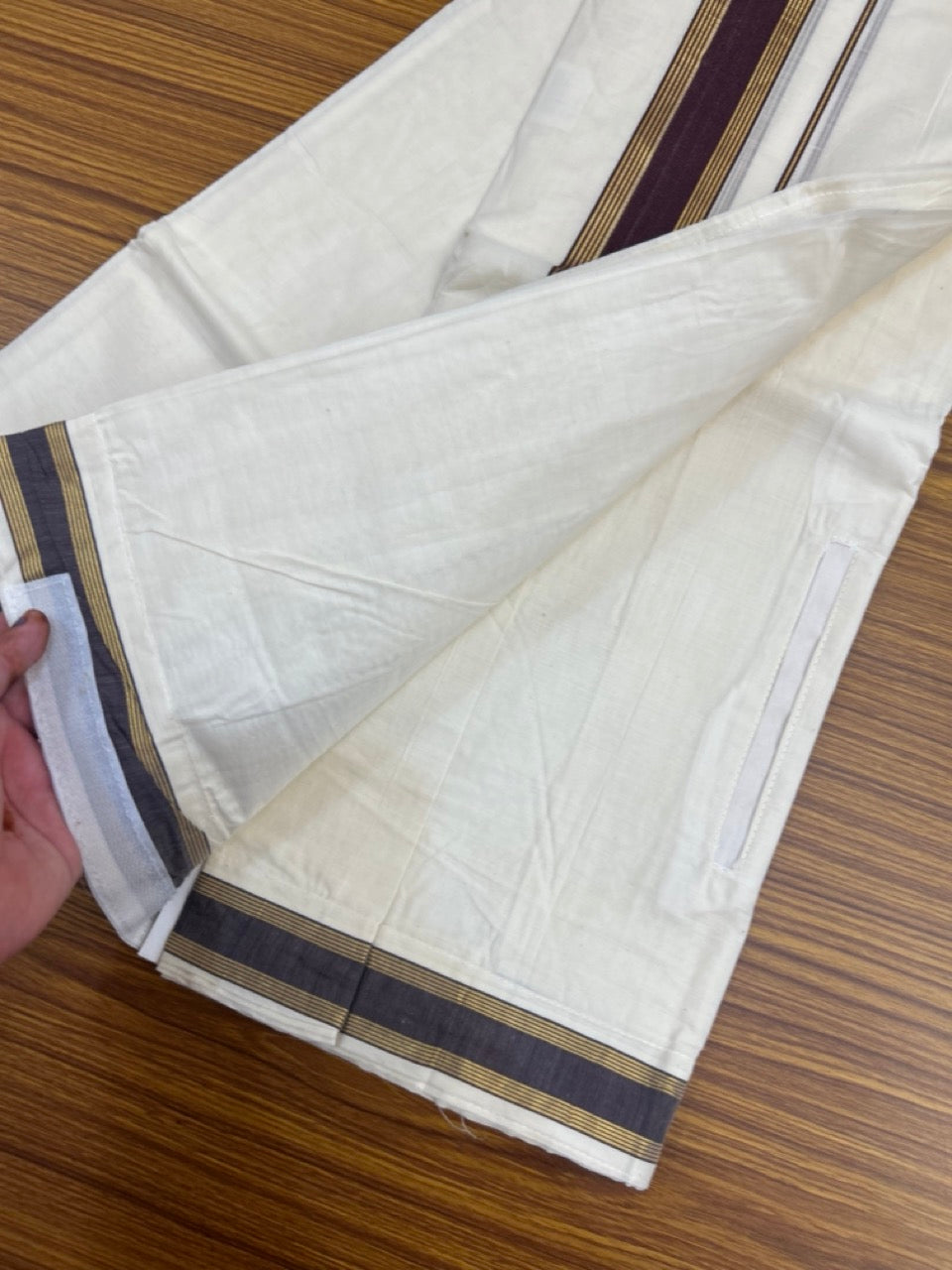 20% Discount ! KaithariKada Balaramapuram Mixed Cotton Double Off white - (Ubleached) Mundu/Dhoti  VELCRO Mundu/Dhoti  - (80s) - 2 inch Gold Kasavu & Brown Striped kara 4mtr (8.5 muzham) - 11 KK5284 PMC