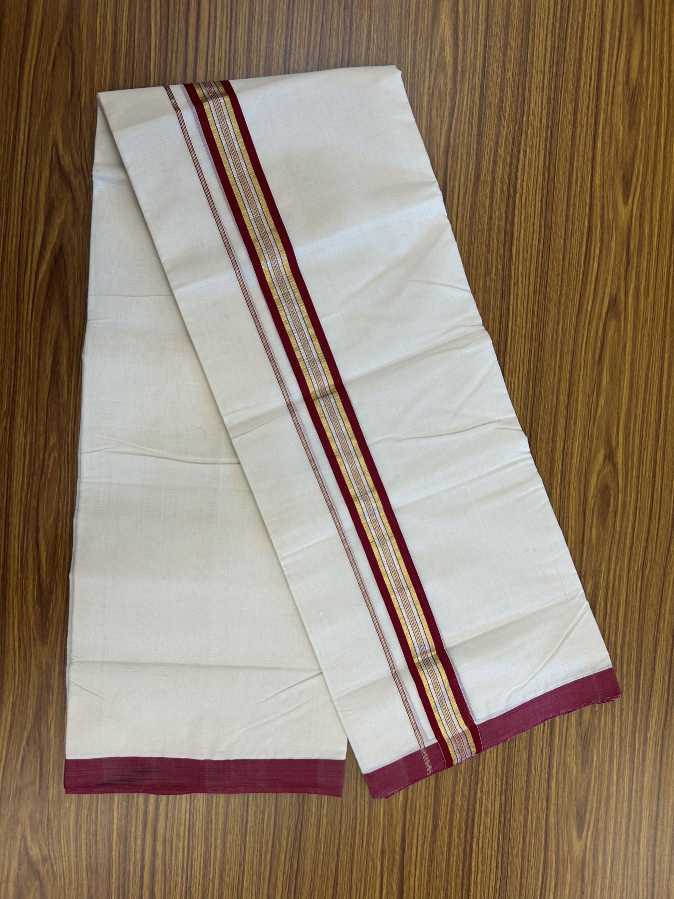 25% Discount ! Kaitharikada Handloom Millpaav Balaramapuram - 100% Pure Cotton Off White - (Unbleached) Double Mundu/Dhoti - 80x90 - 1.75 inch Gold Kasav & Silver Kasav Maroon Striped Kara 4 mtr (8.5 Muzham) - 13 KK5320 RAM