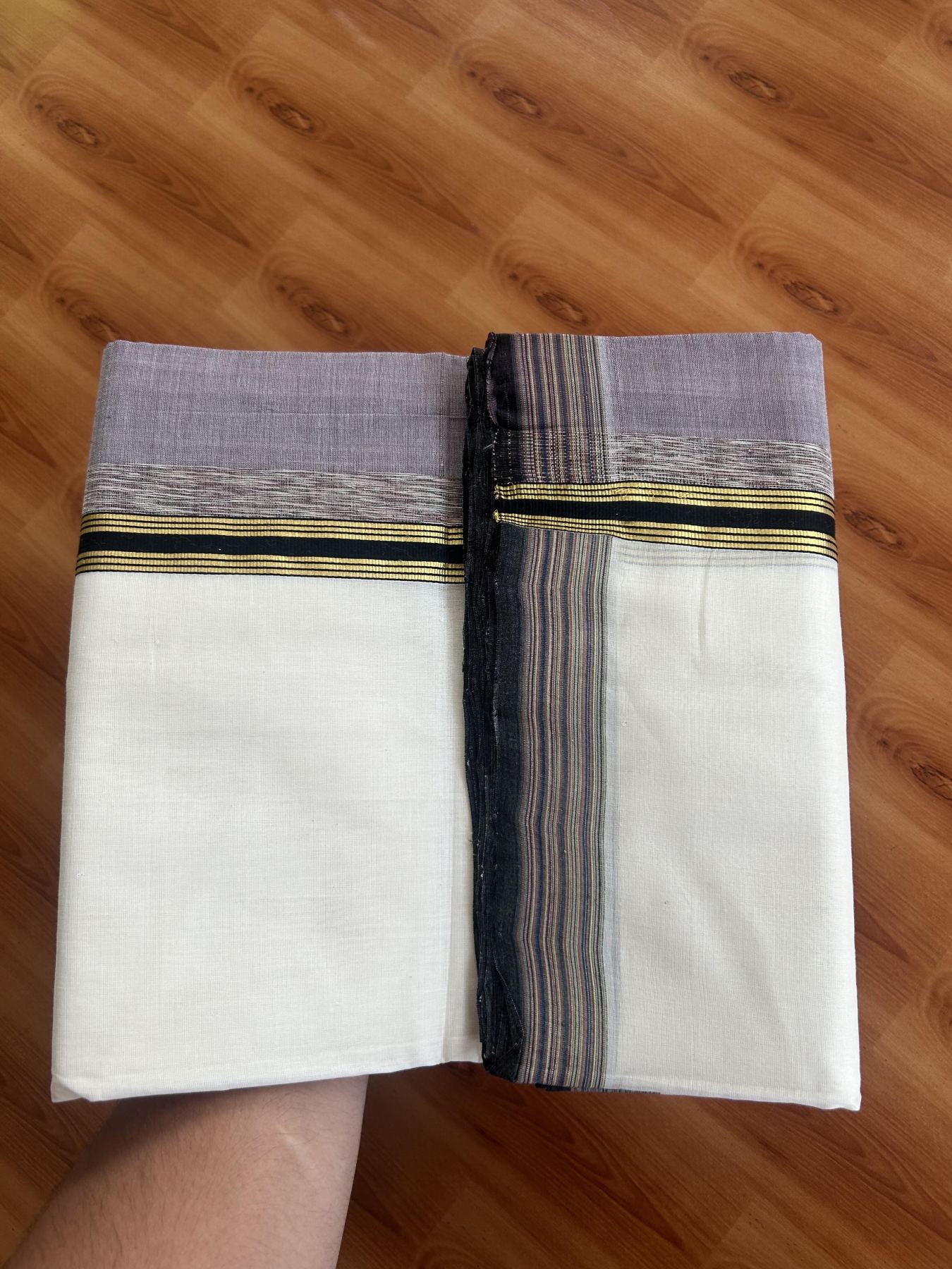 25% Discount! KaithariKada Handloom Unakkupaav Kerala Handloom - 100% Pure Cotton Off White - (Unbleached) Double Mundu/Dothi - 100 x 80 - 5 inch Gold Kasav Faded Purple & Black, Multi Colour Side Striped Kara 4.00 meter (8.5 muzham) - 18 KK5390 REA