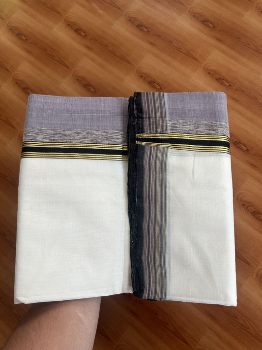 25% Discount! KaithariKada Handloom Unakkupaav Kerala Handloom - 100% Pure Cotton Off White - (Unbleached) Double Mundu/Dothi - 100 x 80 - 5 inch Gold Kasav Faded Purple & Black, Multi Colour Side Striped Kara 4.00 meter (8.5 muzham) - 18 KK5390 REA