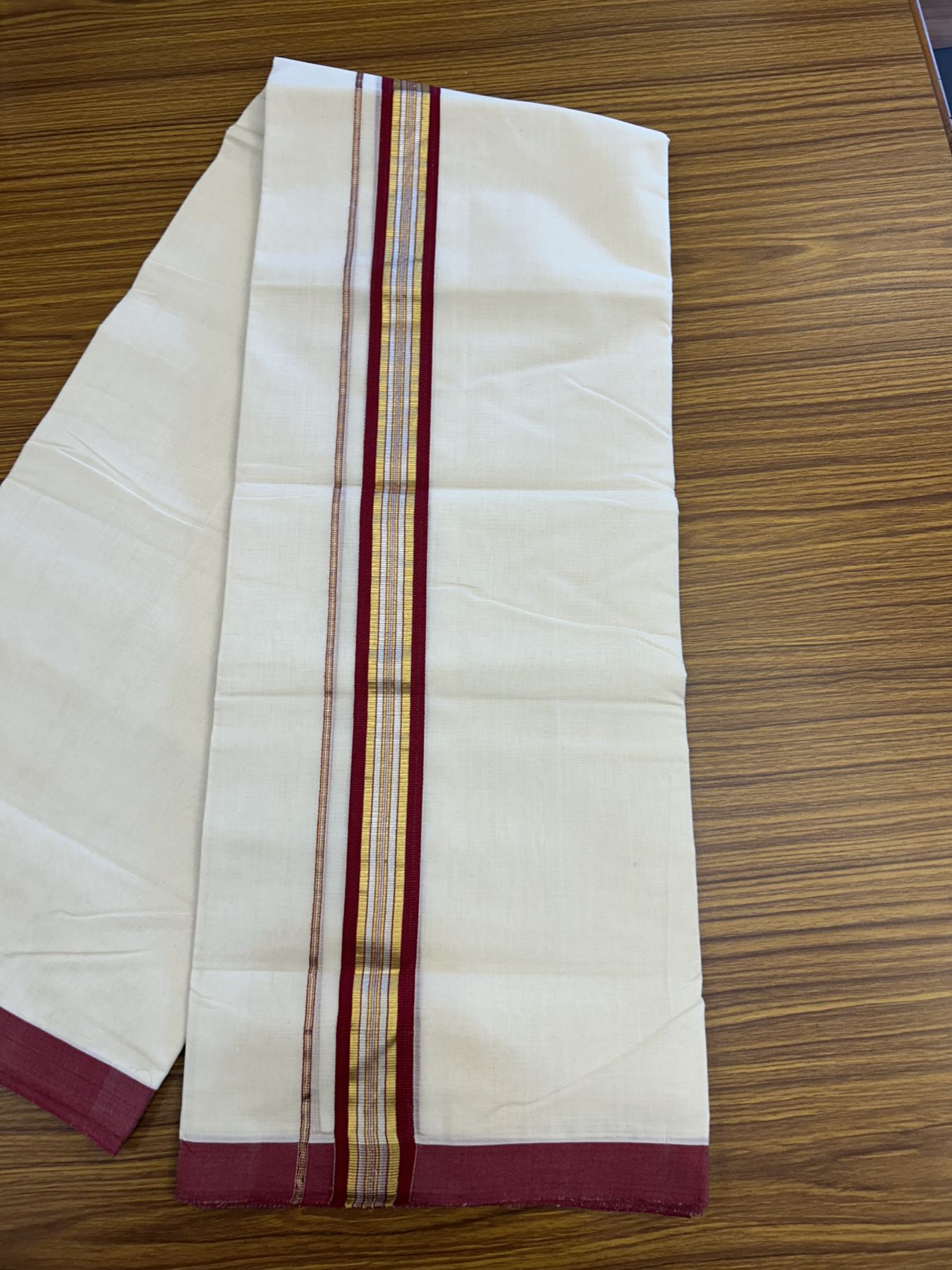 25% Discount ! Kaitharikada Handloom Millpaav Balaramapuram - 100% Pure Cotton Off White - (Unbleached) Double Mundu/Dhoti - 80x90 - 1.75 inch Gold Kasav & Silver Kasav Maroon Striped Kara 4 mtr (8.5 Muzham) - 13 KK5320 RAM