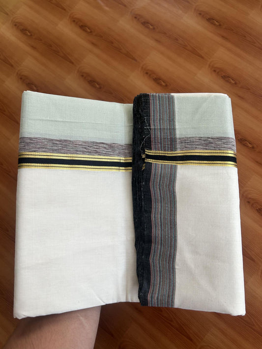 25% Discount! KaithariKada Handloom Unakkupaav Kerala Handloom - 100% Pure Cotton Off White - (Unbleached) Double Mundu/Dothi - 100 x 80 - 5 inch Gold Kasav Light Pista Green & Black, Multi Colour Side Striped Kara 4.00 meter (8.5 muzham) - 17 KK5390 REA