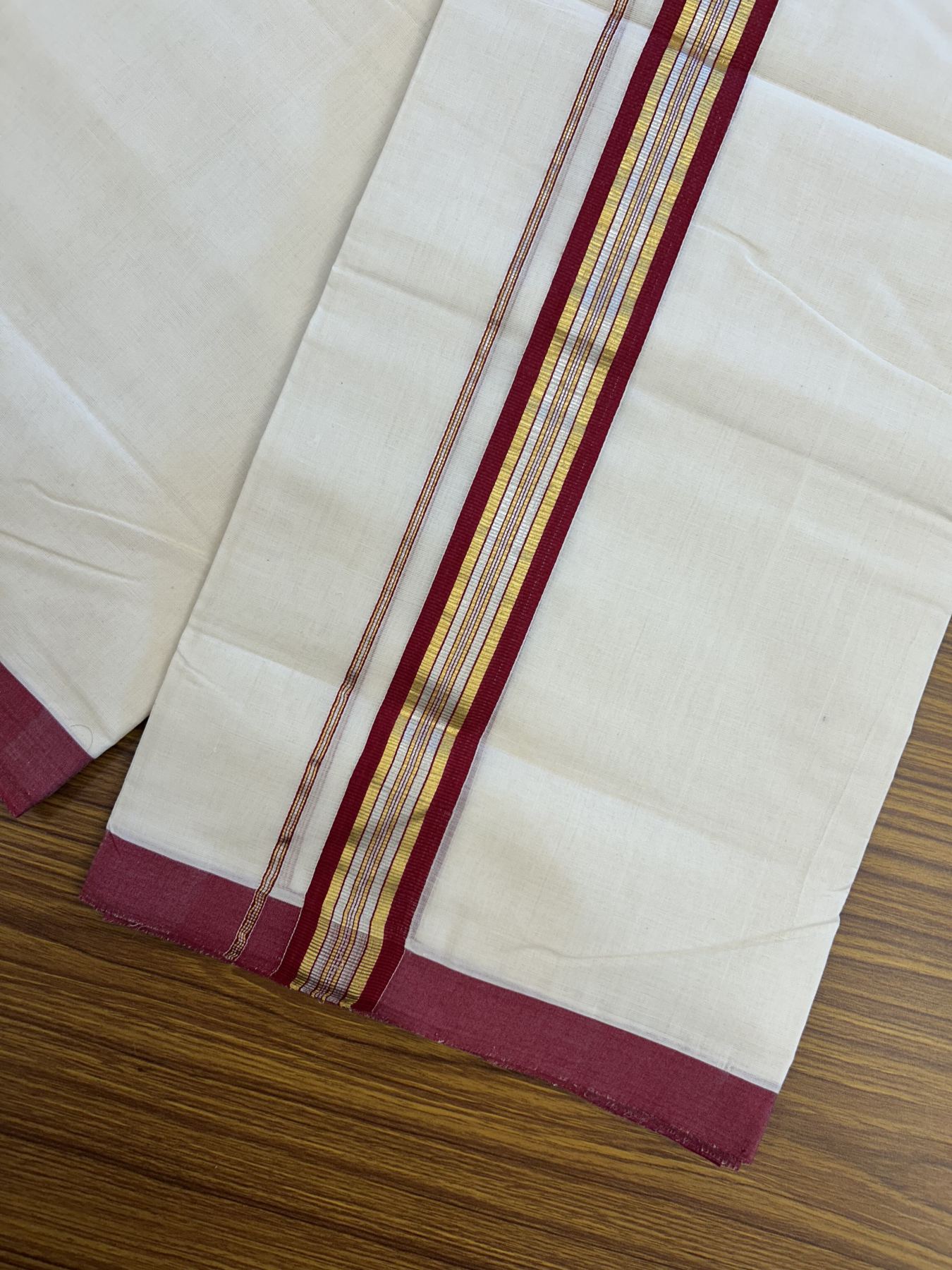 25% Discount ! Kaitharikada Handloom Millpaav Balaramapuram - 100% Pure Cotton Off White - (Unbleached) Double Mundu/Dhoti - 80x90 - 1.75 inch Gold Kasav & Silver Kasav Maroon Striped Kara 4 mtr (8.5 Muzham) - 13 KK5320 RAM