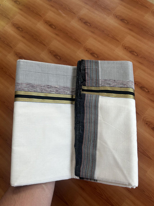 25% Discount! KaithariKada Handloom Unakkupaav Kerala Handloom - 100% Pure Cotton Off White - (Unbleached) Double Mundu/Dothi - 100 x 80 - 5 inch Gold Kasav Sage Green  & Black, Multi Colour Side Striped Kara 4.00 meter (8.5 muzham) - 15 KK5390 REA