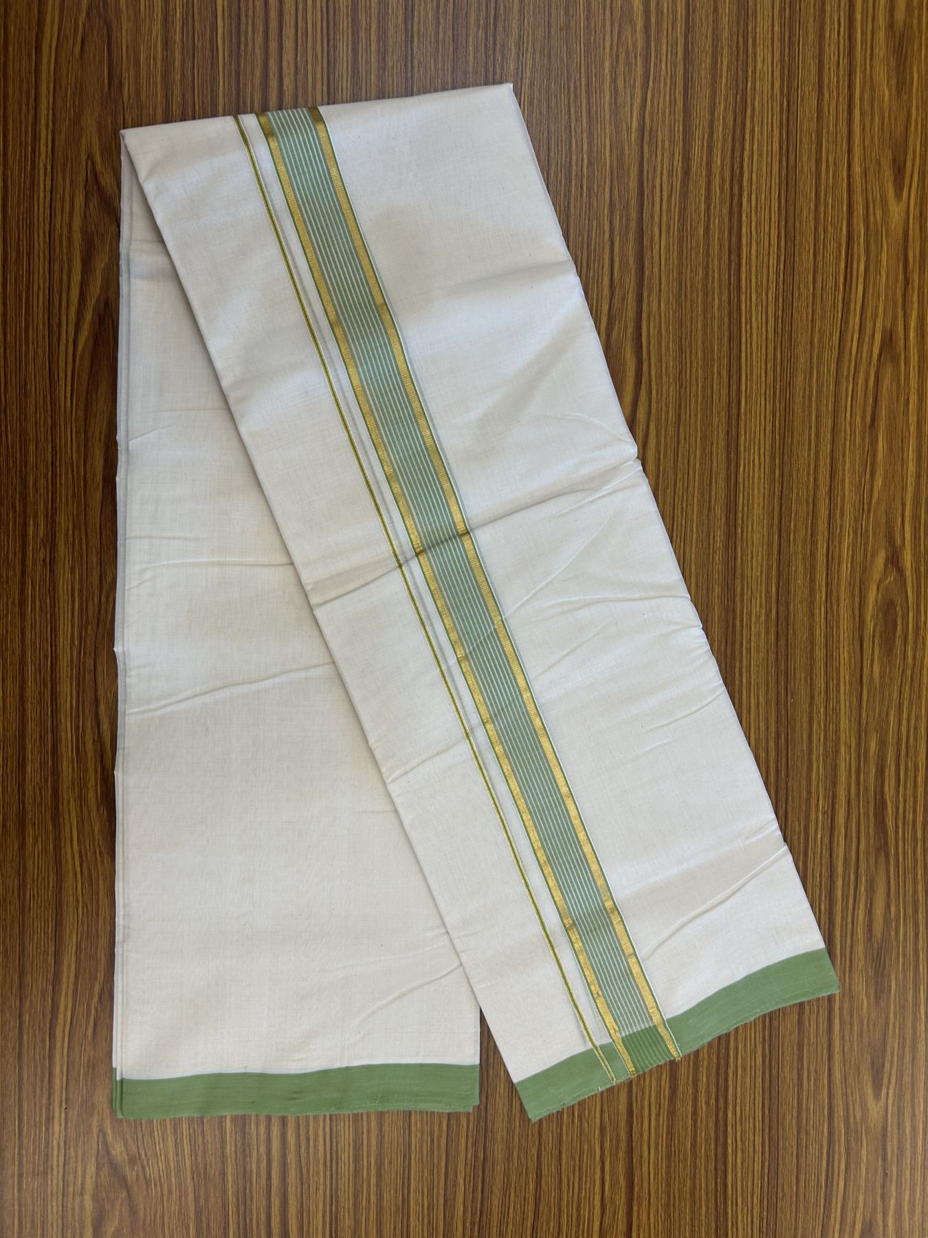 25% Discount! KaithariKada Handloom Millpaav Balaramapuram - Cotton Double Mundu/Dhoti Off white (Unbleached) - 80x90 - 1.25 inch Kasav  Parrot Green & White striped Kara - 3.60 meter (8 Muzham) - 21 KK5320 RAM
