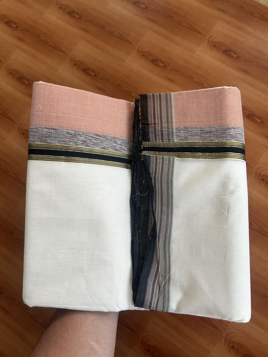 25% Discount! KaithariKada Handloom Unakkupaav Kerala Handloom - 100% Pure Cotton Off White - (Unbleached) Double Mundu/Dothi - 100 x 80 - 5 inch Gold Kasav Peach & Black, Multi Colour Side Striped Kara 4.00 meter(8.5 muzham) - 14 KK5390 REA