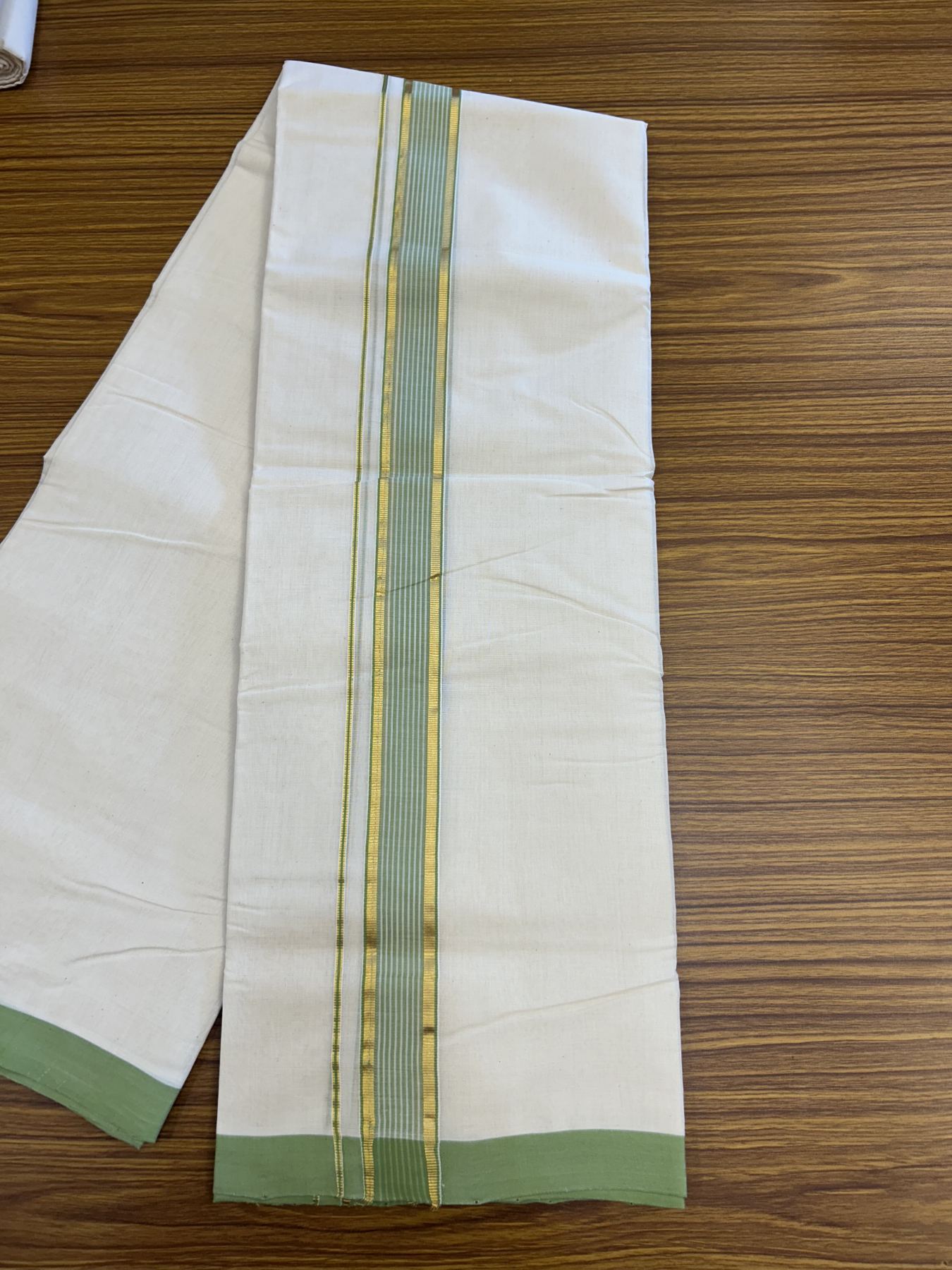 25% Discount! KaithariKada Handloom Millpaav Balaramapuram - Cotton Double Mundu/Dhoti Off white (Unbleached) - 80x90 - 1.25 inch Kasav  Parrot Green & White striped Kara - 3.60 meter (8 Muzham) - 21 KK5320 RAM