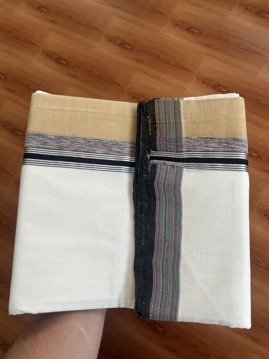 25% Discount! KaithariKada Handloom Unakkupaav Kerala Handloom - 100% Pure Cotton Off White - (Unbleached) Double Mundu/Dothi - 100 x 80 - 5.5 inch Silver Kasav Cinnamon Brown & Black,Multi Colour Side Striped Kara 4.00 meter (8.5 muzham) - 11 KK5390 REA