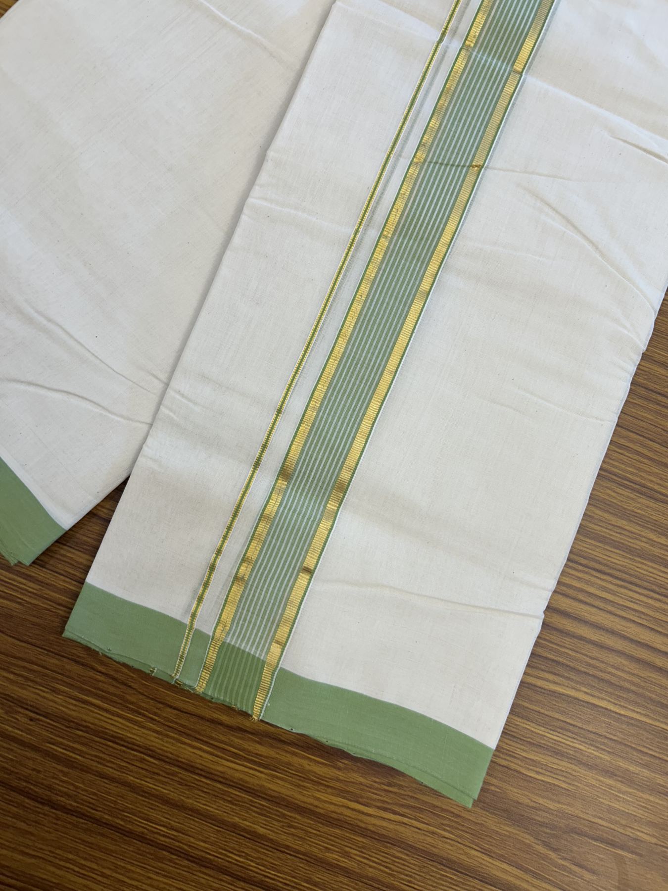 25% Discount! KaithariKada Handloom Millpaav Balaramapuram - Cotton Double Mundu/Dhoti Off white (Unbleached) - 80x90 - 1.25 inch Kasav  Parrot Green & White striped Kara - 3.60 meter (8 Muzham) - 21 KK5320 RAM