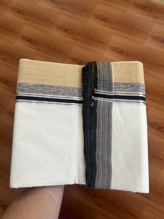 25% Discount! KaithariKada Handloom Unakkupaav Kerala Handloom - 100% Pure Cotton Off White - (Unbleached) Double Mundu/Dothi - 100 x 80 - 4.5 inch Silver Kasav Cinnamon Brown & Black,Multi Colour Side Striped Kara 4.00 meter (8.5 muzham) - 10 KK5390 REA