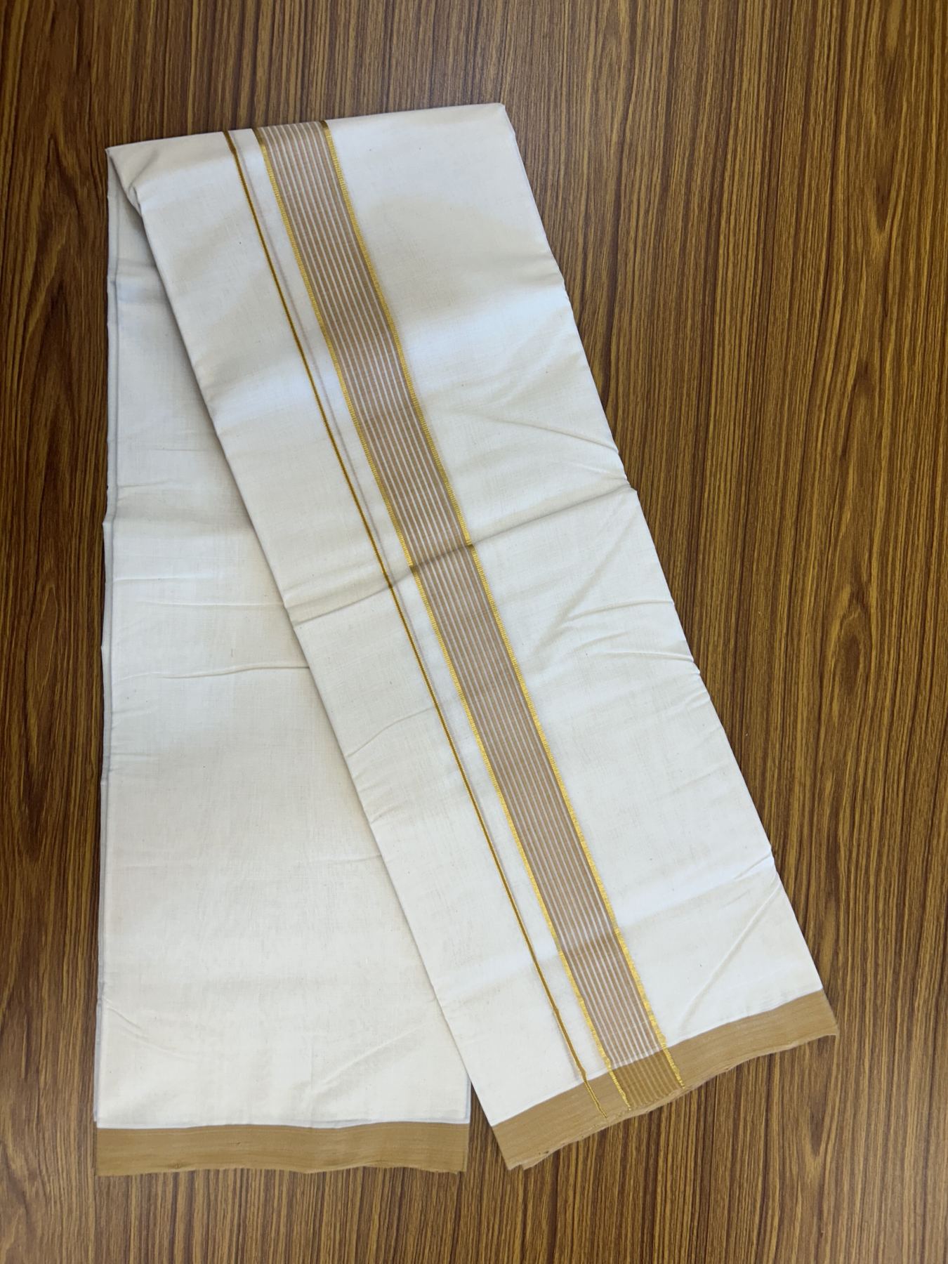 25% Discount! KaithariKada Handloom Millpaav Balaramapuram - Cotton Double Mundu/Dhoti Off white (Unbleached) - 80x90 - 1.75 inch Kasav  Sand Brown & White striped Kara - 3.60 meter (8 Muzham) - 19 KK5320 RAM