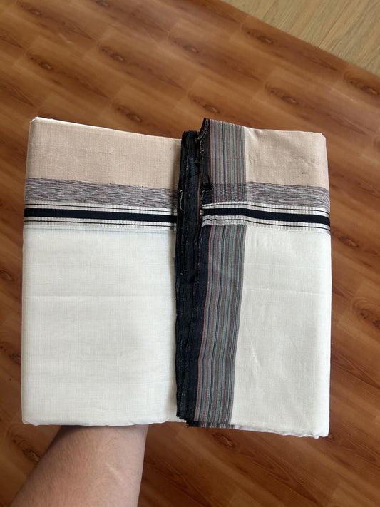 25% Discount! KaithariKada Handloom Unakkupaav Kerala Handloom - 100% Pure Cotton Off White - (Unbleached) Double Mundu/Dothi - 100 x 80 - 4.5 inch Silver Kasav Light Brown & Black,Multi Colour Side Striped Kara 4.00 meter (8.5 muzham) - 9 KK5390 REA