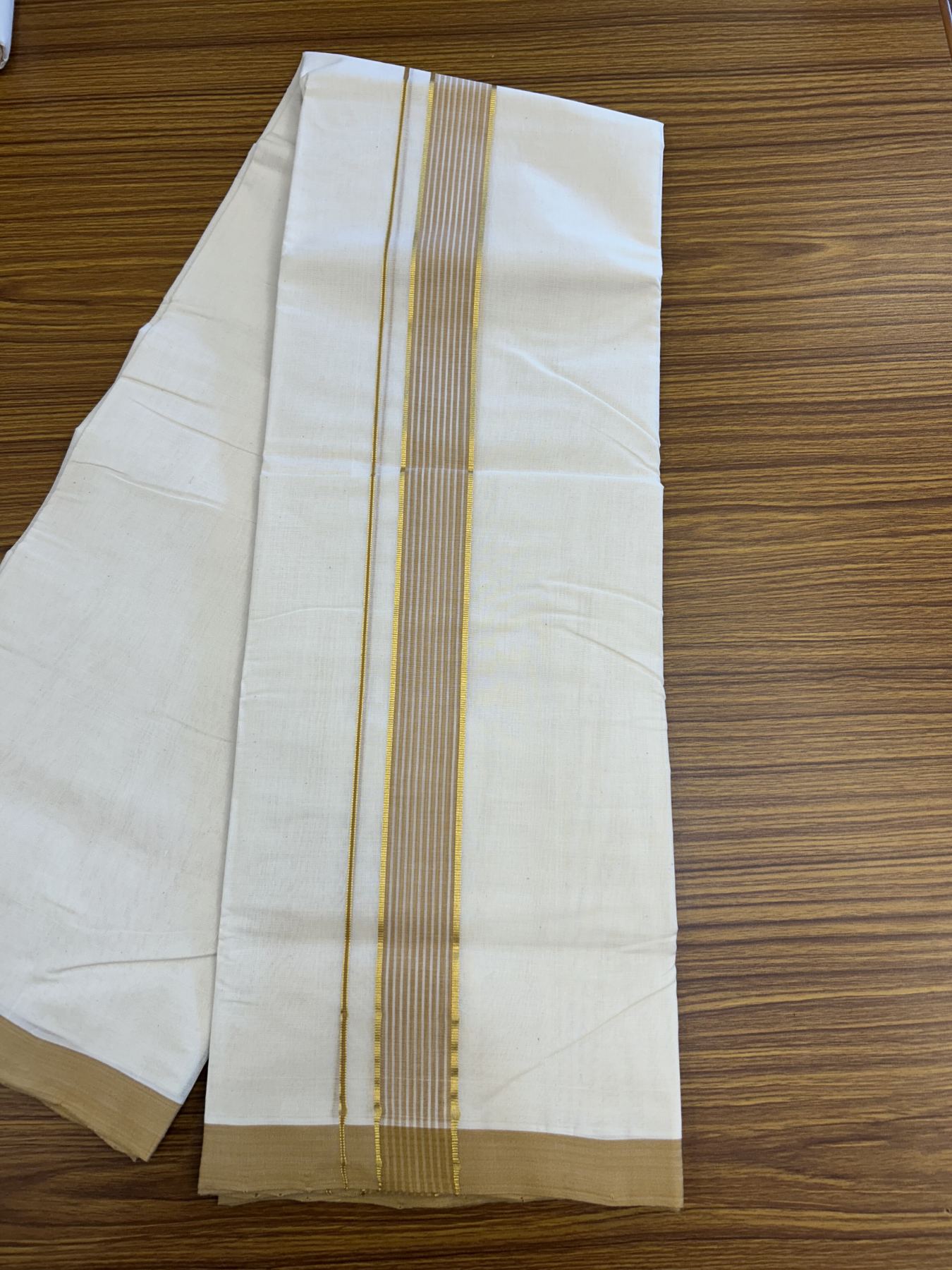 25% Discount! KaithariKada Handloom Millpaav Balaramapuram - Cotton Double Mundu/Dhoti Off white (Unbleached) - 80x90 - 1.75 inch Kasav  Sand Brown & White striped Kara - 3.60 meter (8 Muzham) - 19 KK5320 RAM