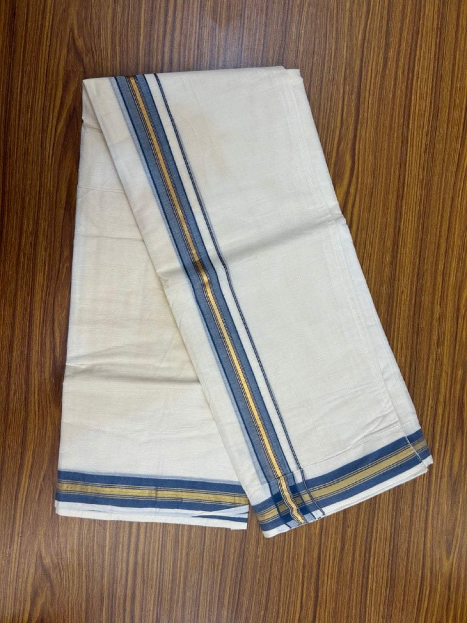 20% Discount ! KaithariKada Balaramapuram Mixed Cotton Double Off white - (Ubleached) Mundu/Dhoti  VELCRO Mundu/Dhoti  - (80s) - 1.25 inch Gold Kasavu & Ash Blue Striped kara 4mtr (8.5 muzham) - 14 KK5284 PMC