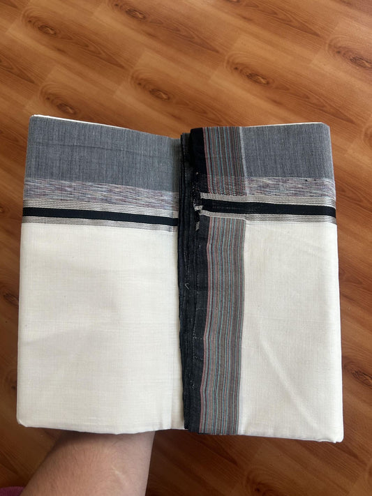 25% Discount! KaithariKada Handloom Unakkupaav Kerala Handloom - 100% Pure Cotton Off White - (Unbleached) Double Mundu/Dothi - 100 x 80 - 5.5 inch Silver Kasav Cinnamon Brown & Black,Multi Colour Side Striped Kara 4.00 meter(8.5 muzham) - 13 KK5390 REA