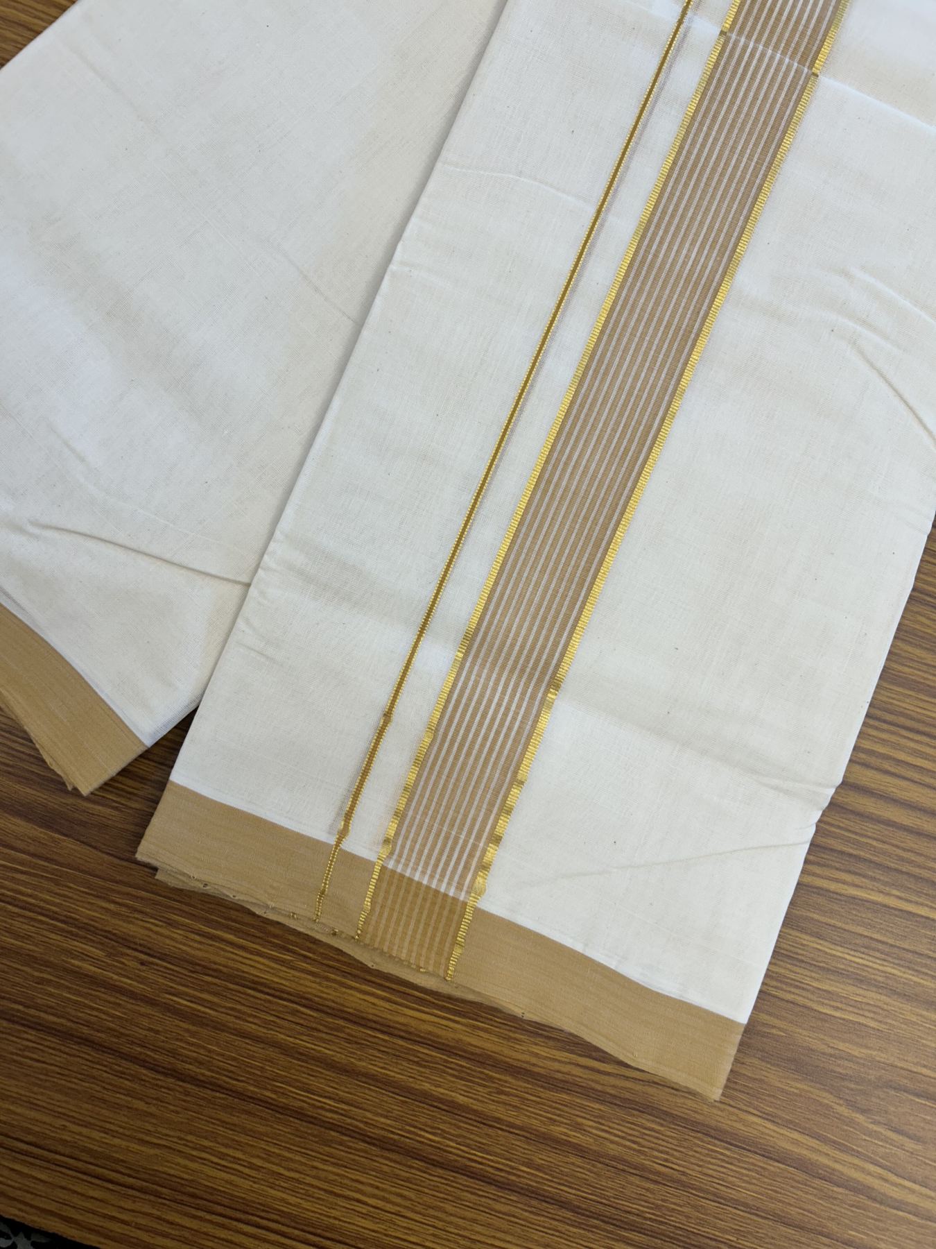 25% Discount! KaithariKada Handloom Millpaav Balaramapuram - Cotton Double Mundu/Dhoti Off white (Unbleached) - 80x90 - 1.75 inch Kasav  Sand Brown & White striped Kara - 3.60 meter (8 Muzham) - 19 KK5320 RAM