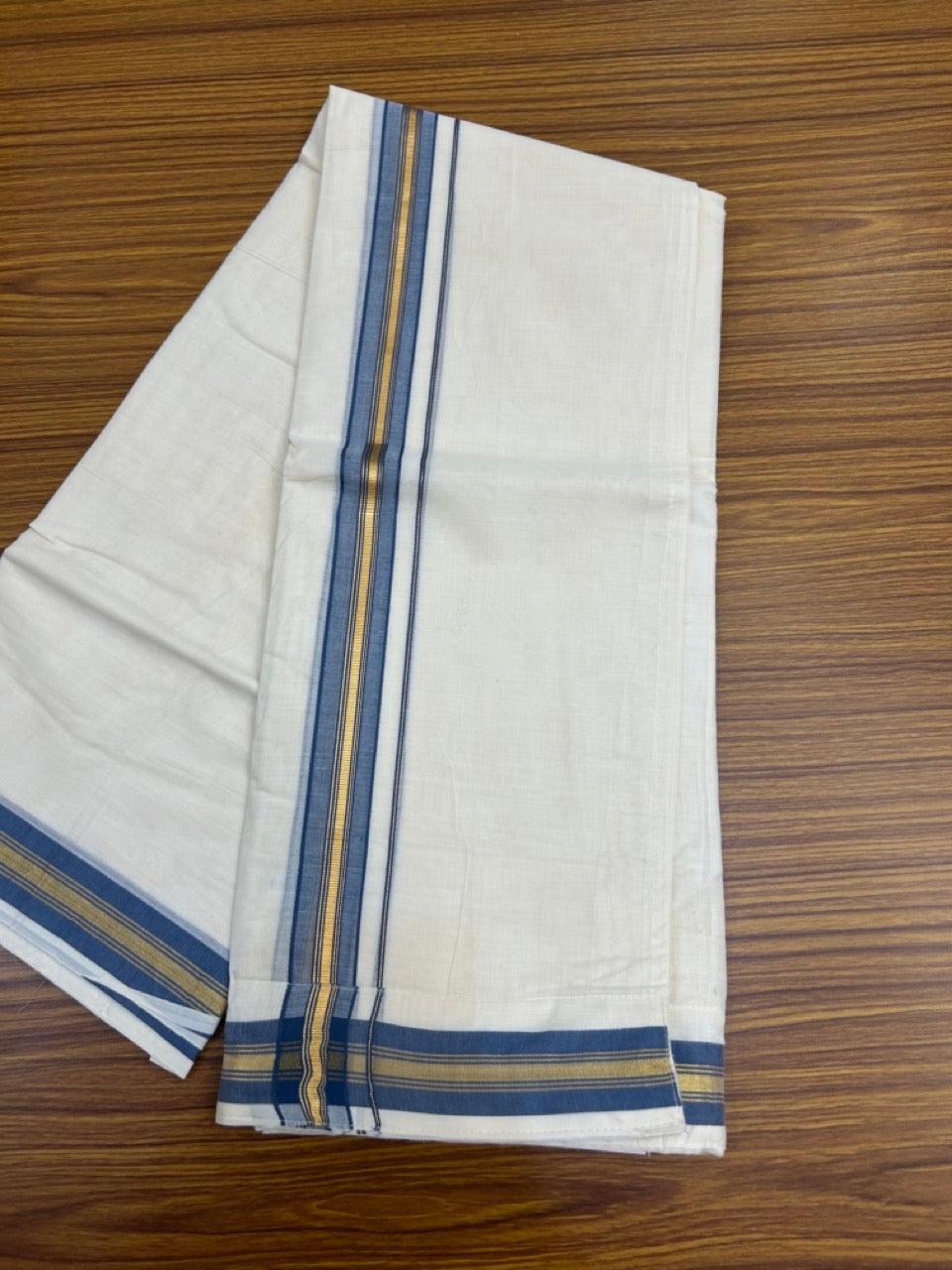 20% Discount ! KaithariKada Balaramapuram Mixed Cotton Double Off white - (Ubleached) Mundu/Dhoti  VELCRO Mundu/Dhoti  - (80s) - 1.25 inch Gold Kasavu & Ash Blue Striped kara 4mtr (8.5 muzham) - 14 KK5284 PMC