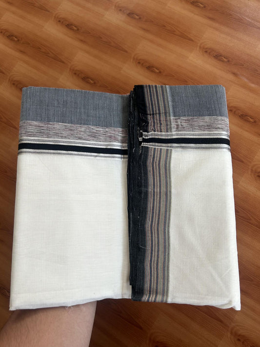 25% Discount! KaithariKada Handloom Unakkupaav Kerala Handloom - 100% Pure Cotton Off White - (Unbleached) Double Mundu/Dothi - 100 x 80 - 5.5 inch Silver Kasav Cinnamon Brown & Black,Multi Colour Side Striped Kara 4.00 meter(8.5 muzham) - 12 KK5390 REA