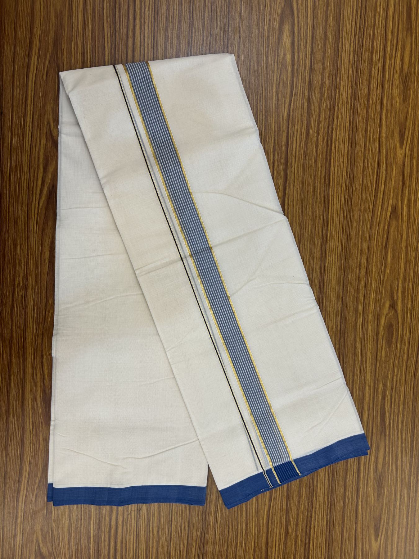 25% Discount! KaithariKada Handloom Millpaav Balaramapuram - Cotton Double Mundu/Dhoti Off white (Unbleached) - 80x90 - 1.25 inch Kasav Blue & White striped Kara - 3.60 meter (8 Muzham) - 16 KK5320 RAM