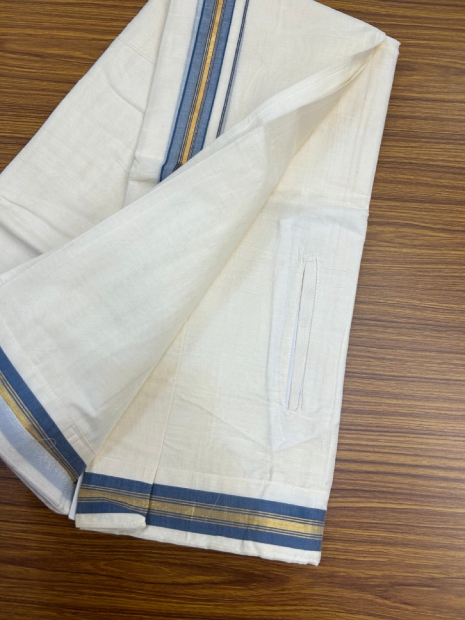 20% Discount ! KaithariKada Balaramapuram Mixed Cotton Double Off white - (Ubleached) Mundu/Dhoti  VELCRO Mundu/Dhoti  - (80s) - 1.25 inch Gold Kasavu & Ash Blue Striped kara 4mtr (8.5 muzham) - 14 KK5284 PMC