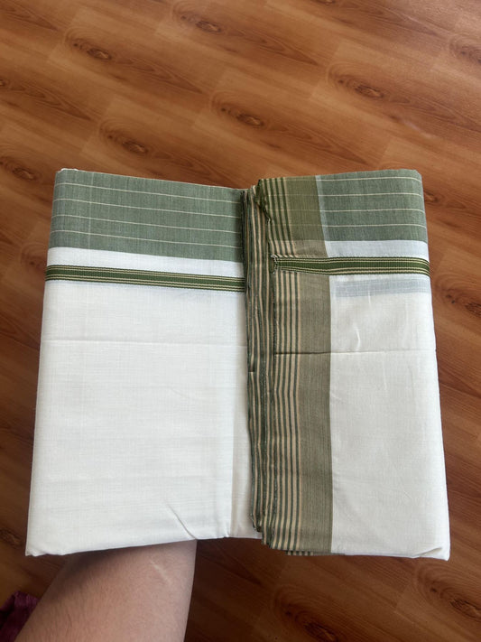 25% Discount!! KaithariKada Handloom Unakkupaav - Kerala Handloom - 100% Pure Cotton Off White - (Unbleached) Double Mundu/Dothi - 100 x 80 - 4.5 inch Green & Light Sand brown Side Striped Kara 4 meter (8.5 muzham) - 4 KK5390 REA