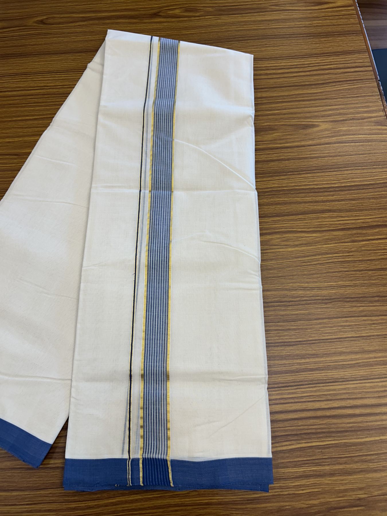 25% Discount! KaithariKada Handloom Millpaav Balaramapuram - Cotton Double Mundu/Dhoti Off white (Unbleached) - 80x90 - 1.25 inch Kasav Blue & White striped Kara - 3.60 meter (8 Muzham) - 16 KK5320 RAM