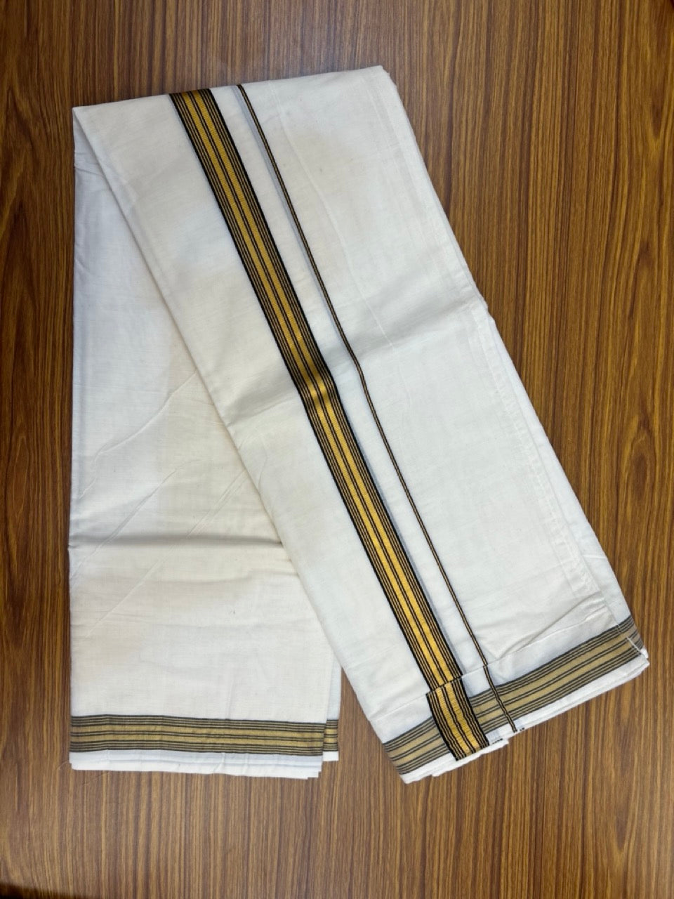 20% Discount ! KaithariKada Balaramapuram Mixed Cotton Double Off white - (Ubleached) Mundu/Dhoti  VELCRO Mundu/Dhoti  - (80s) - 1.25 inch Gold Kasavu & Black Striped kara 4mtr (8.5 muzham) - 15 KK5284 PMC