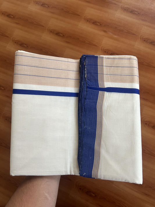 25% Discount!! KaithariKada Handloom Unakkupaav - Kerala Handloom - 100% Pure Cotton Off White - (Unbleached) Double Mundu/Dothi - 100 x 80 - 4.5 inch Blue & Light Sand brown Side Striped Kara 4 meter (8.5 muzham) - 3 KK5390 REA