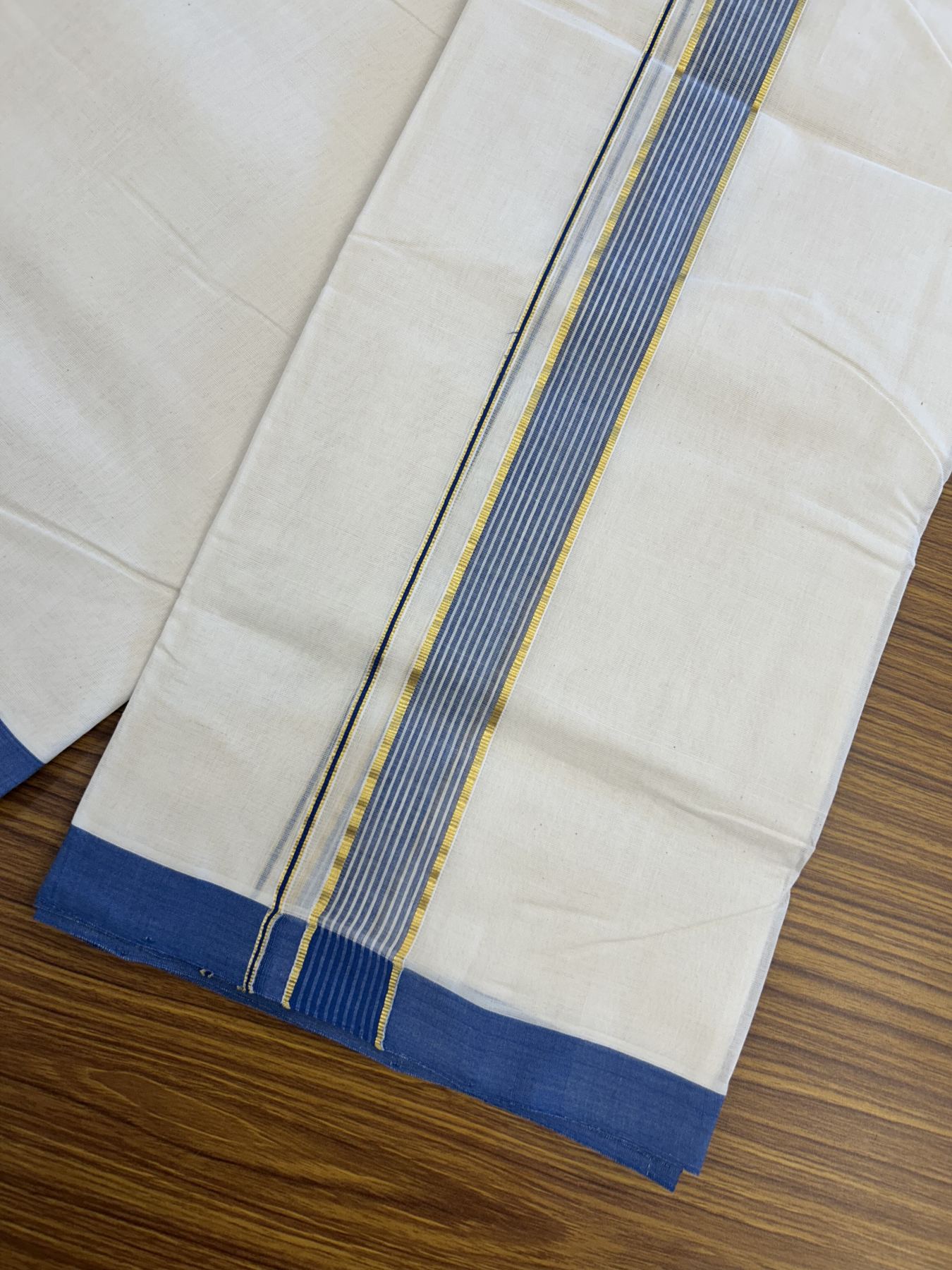 25% Discount! KaithariKada Handloom Millpaav Balaramapuram - Cotton Double Mundu/Dhoti Off white (Unbleached) - 80x90 - 1.25 inch Kasav Blue & White striped Kara - 3.60 meter (8 Muzham) - 16 KK5320 RAM