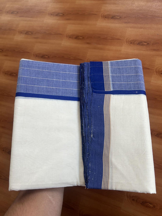 25% Discount!! KaithariKada Handloom Unakkupaav - Kerala Handloom - 100% Pure Cotton Off White - (Unbleached) Double Mundu/Dothi - 100 x 80 - 4.5 inch Blue & Light Sand brown Side Striped Kara 4 meter (8.5 muzham) - 1 KK5390 REA