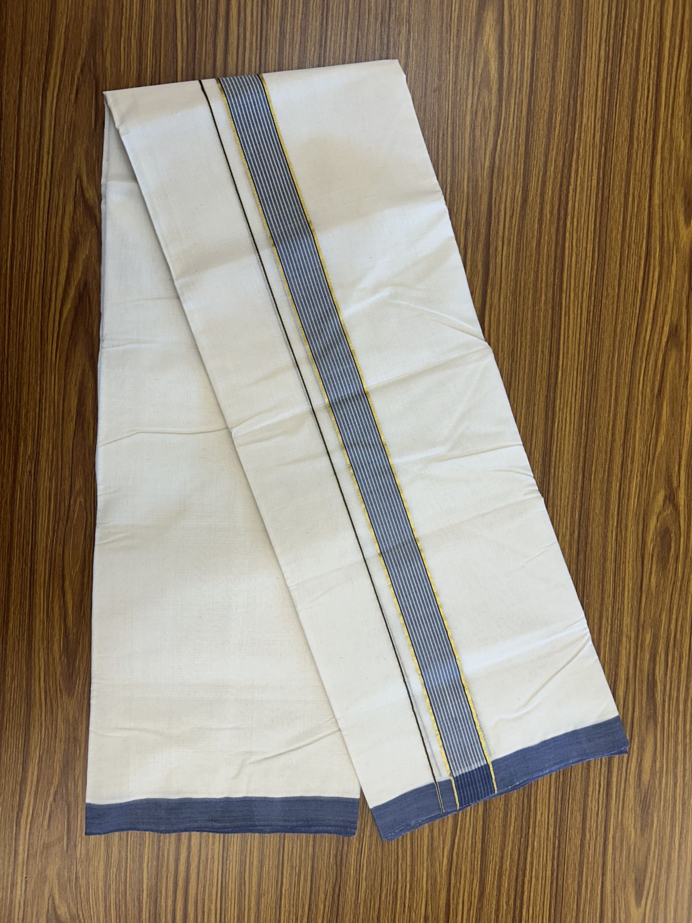 25% Discount! KaithariKada Handloom Millpaav Balaramapuram - Cotton Double Mundu/Dhoti Off white (Unbleached) - 80x90 - 1.25 inch Kasav  Ash Blue & White striped Kara - 3.60 meter (8 Muzham) - 17 KK5320 RAM